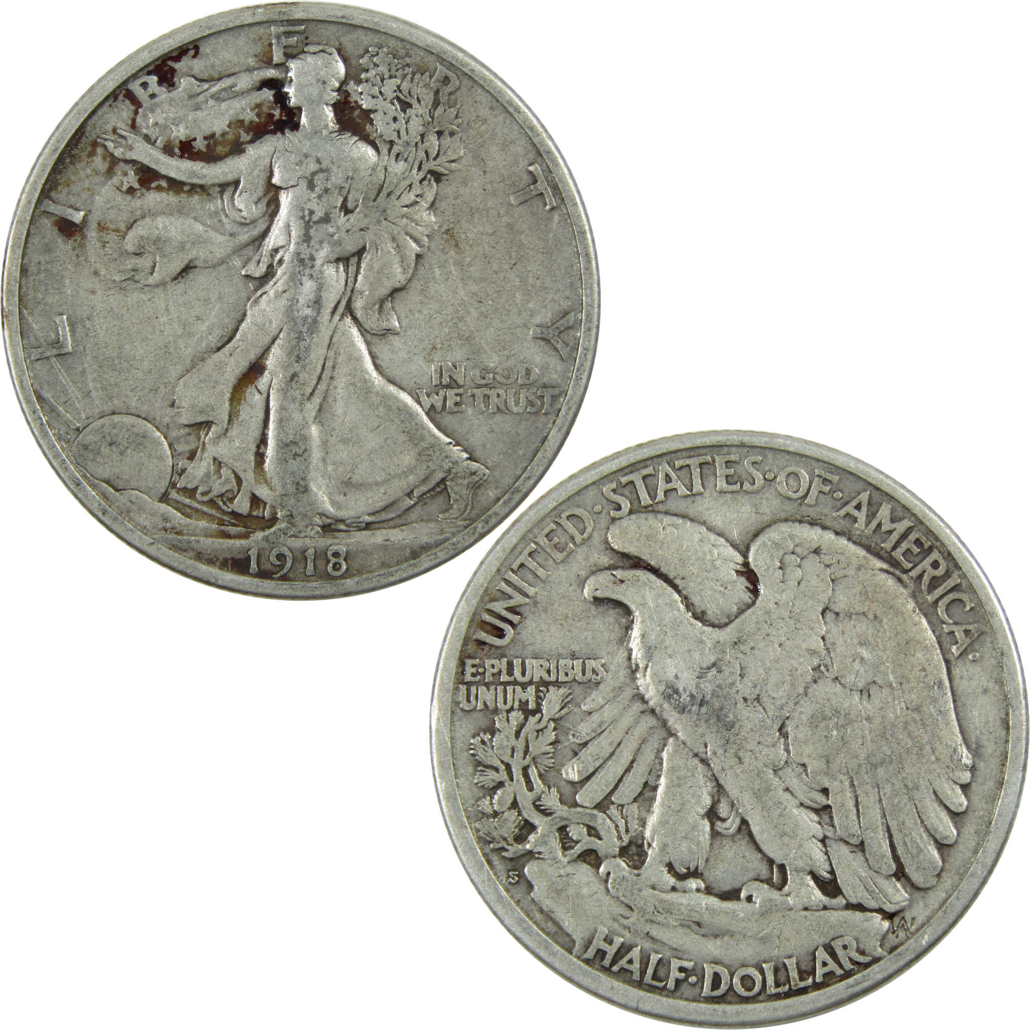 1918 S Liberty Walking Half Dollar F Fine Silver 50c Coin SKU:I13025