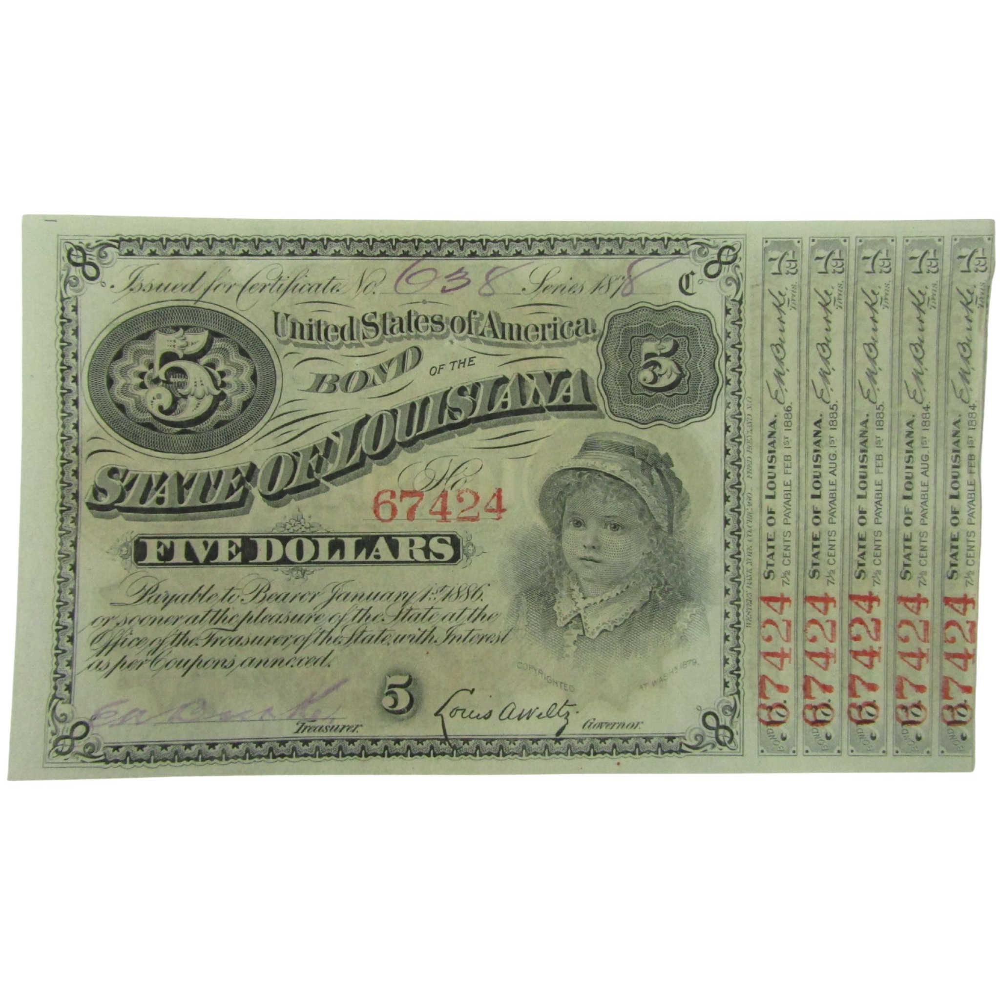 1878 $5 Louisiana Interest Bearing Baby Bond Circulated SKU:I25989