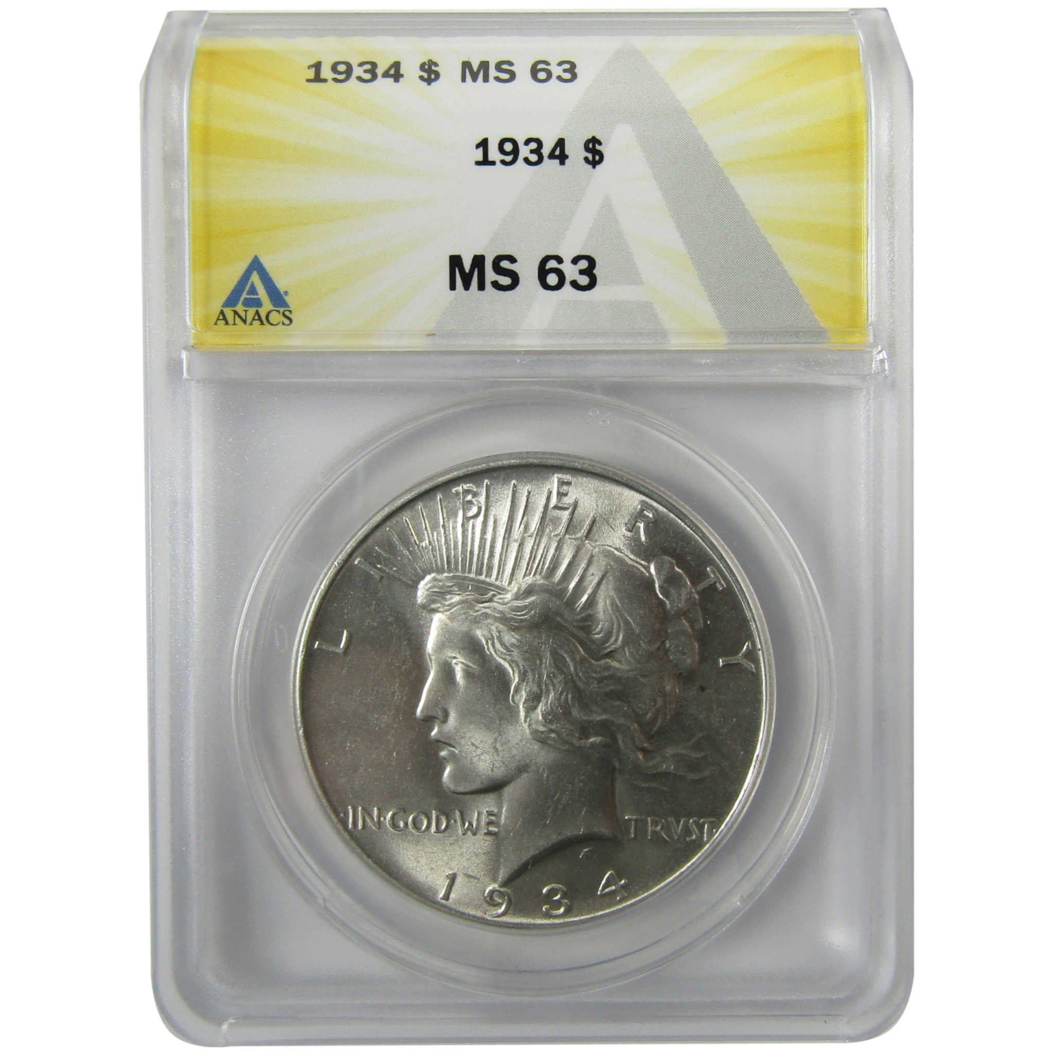 1934 Peace Silver Dollar MS 63 ANACS Uncirculated $1 Coin SKU:I28474
