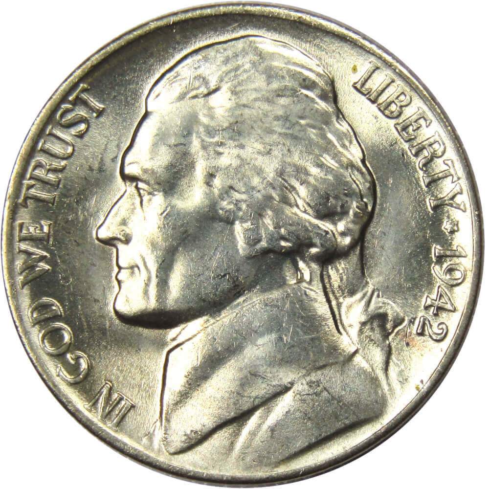 1942 P Jefferson Nickel Uncirculated Wartime Silver 5c Coin