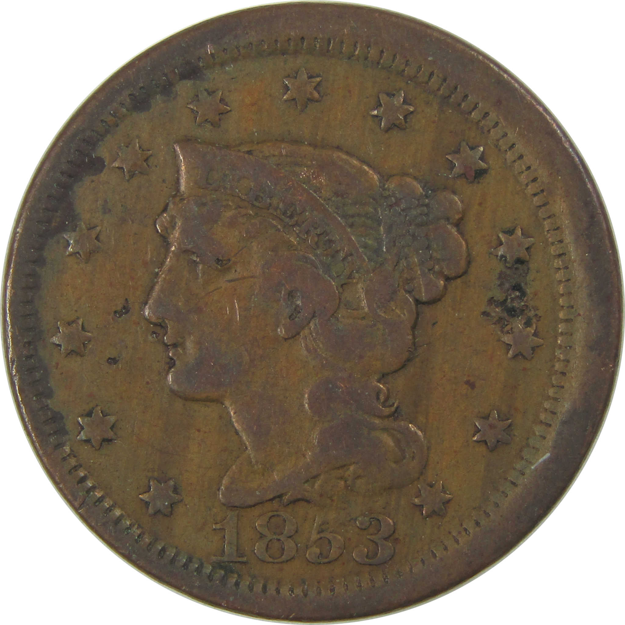 1853 Braided Hair Large Cent VF Very Fine Copper Penny SKU:CPC0757