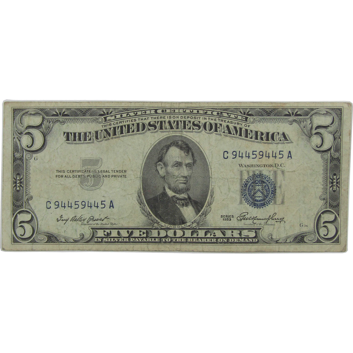 1953 $5 Small Size Silver Certificate Repeater Note VG Very Good