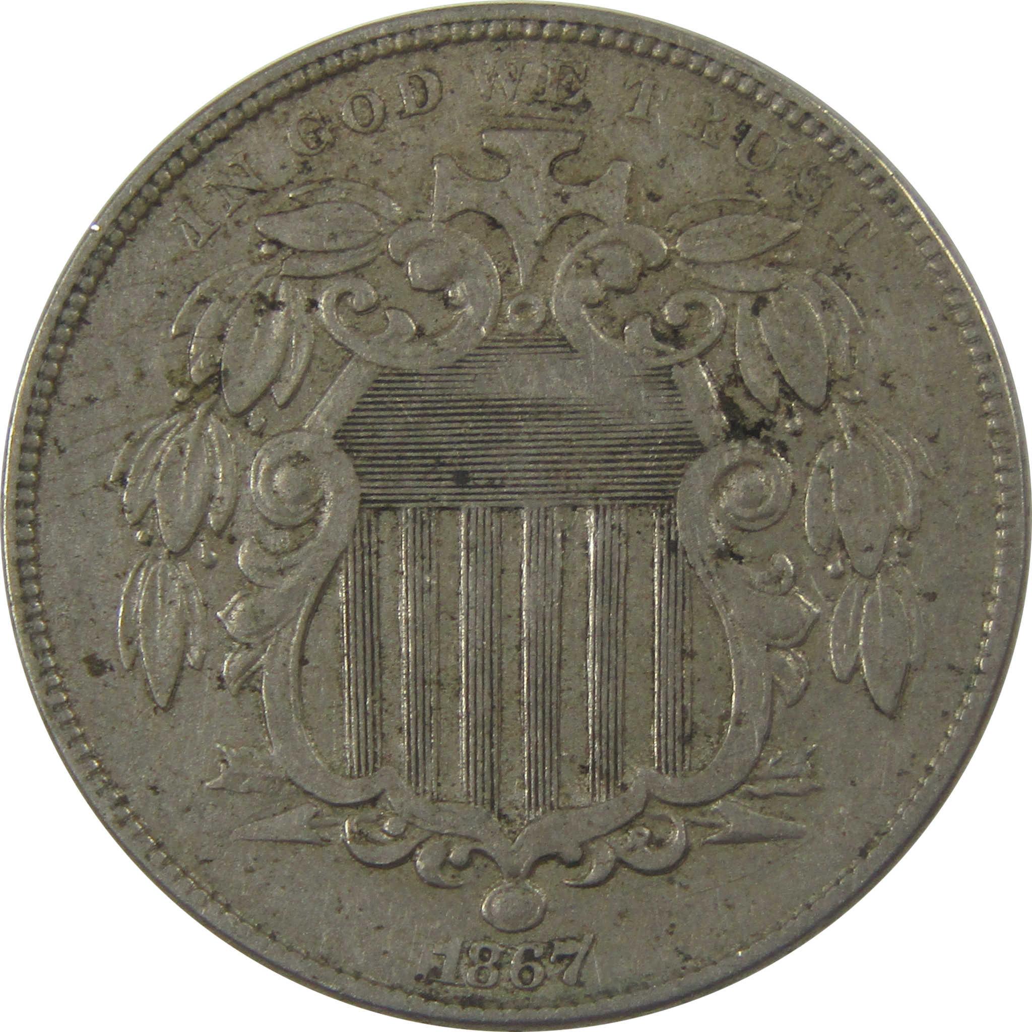 1867 No Rays Shield 5c XF EF Extremely Fine Cud Mint Error SKU:I24569