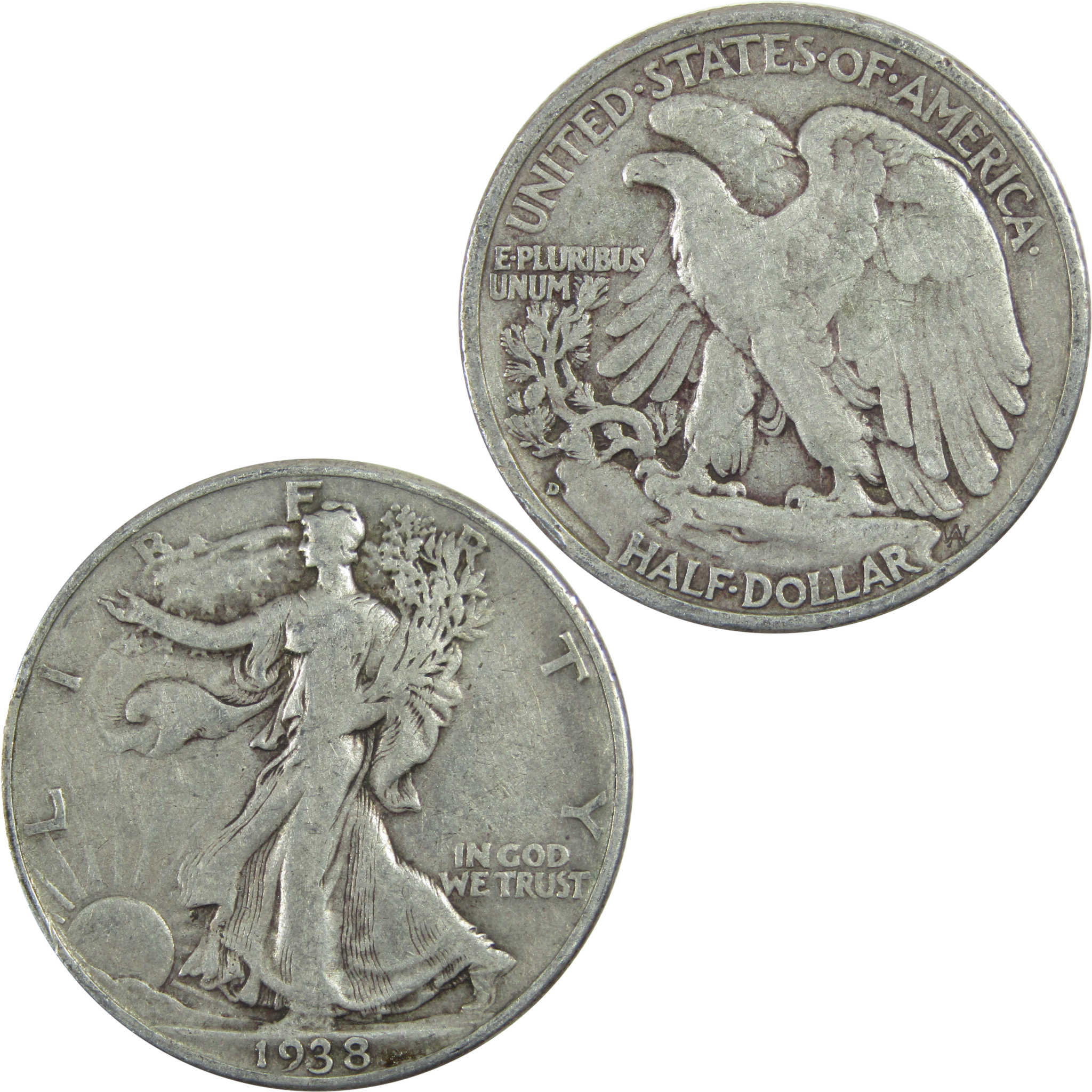 1938 D Liberty Walking Half Dollar F Fine Silver 50c Coin SKU:I13450