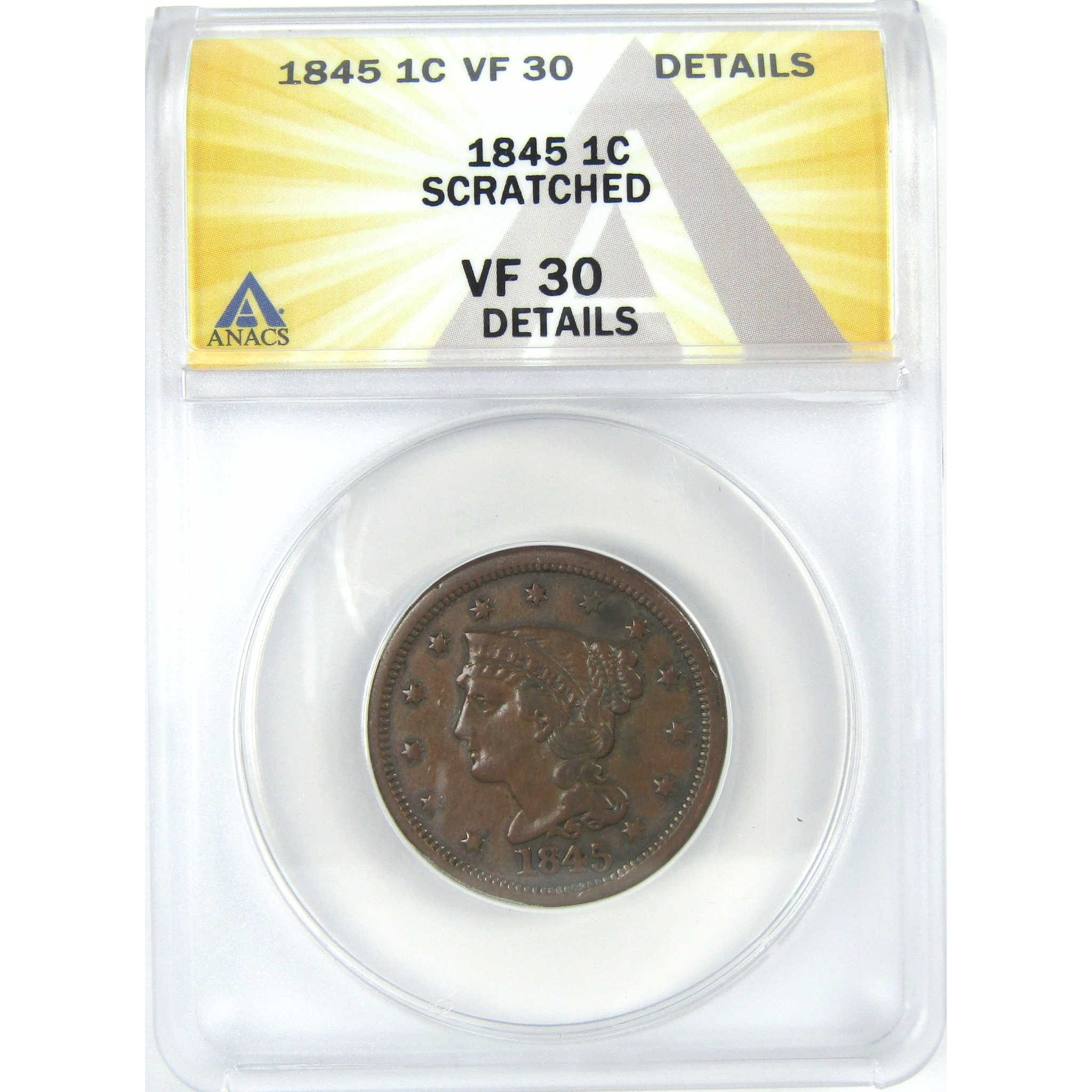 1845 Braided Hair Large Cent VF 30 Details ANACS Copper SKU:I16057