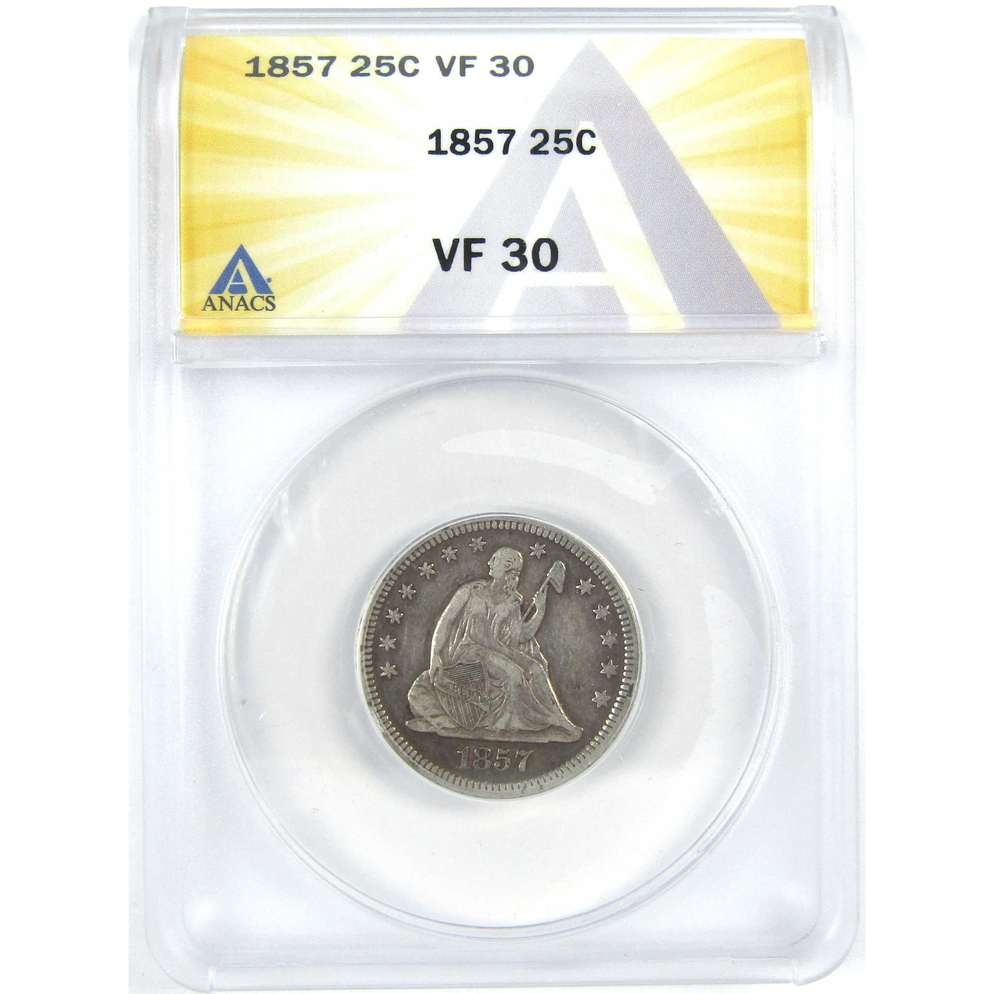 1857 Seated Liberty Quarter VF 30 ANACS Silver 25c Coin SKU:I16313