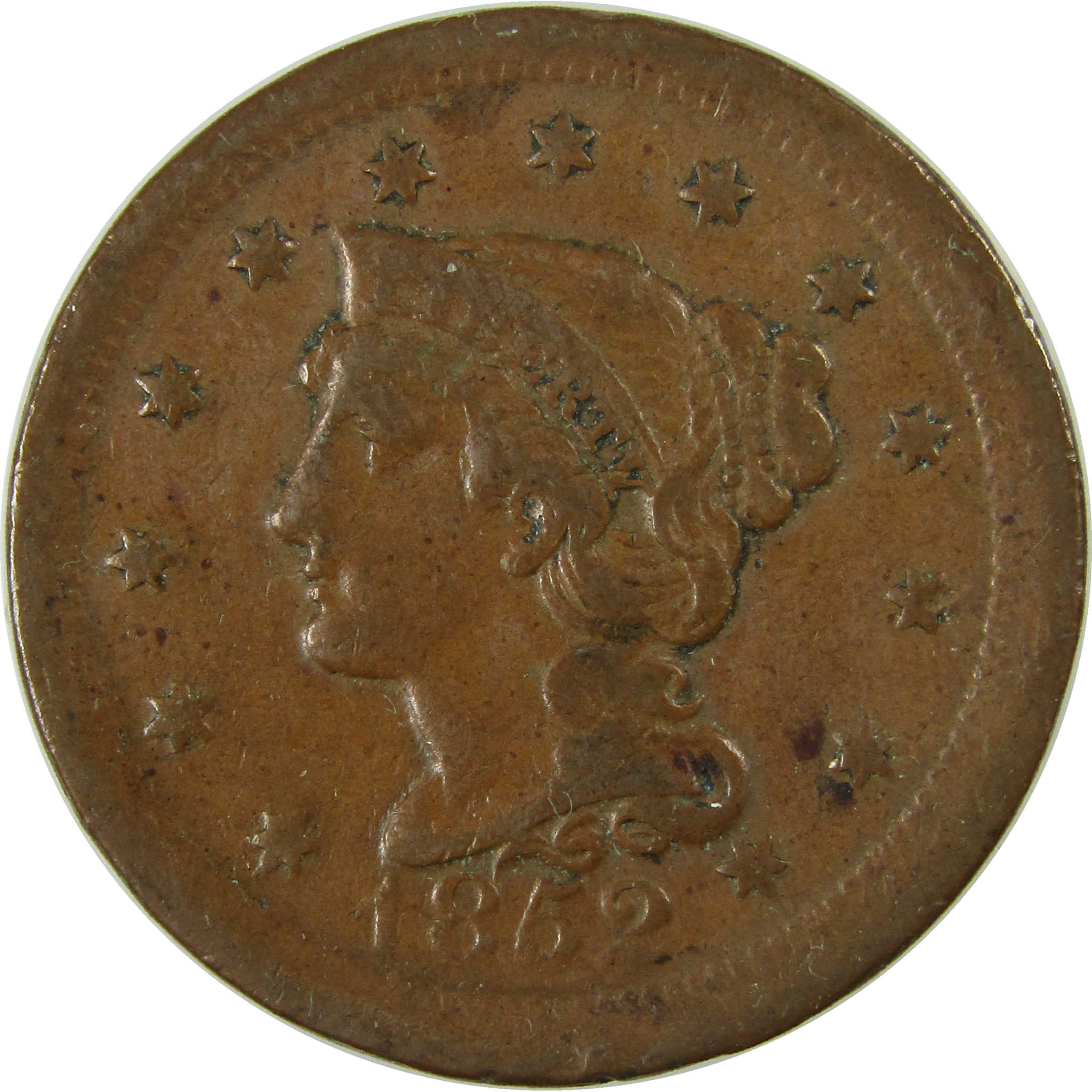 1852 Braided Hair Copper Large Cent F Fine Penny 1c Coin SKU:I27818