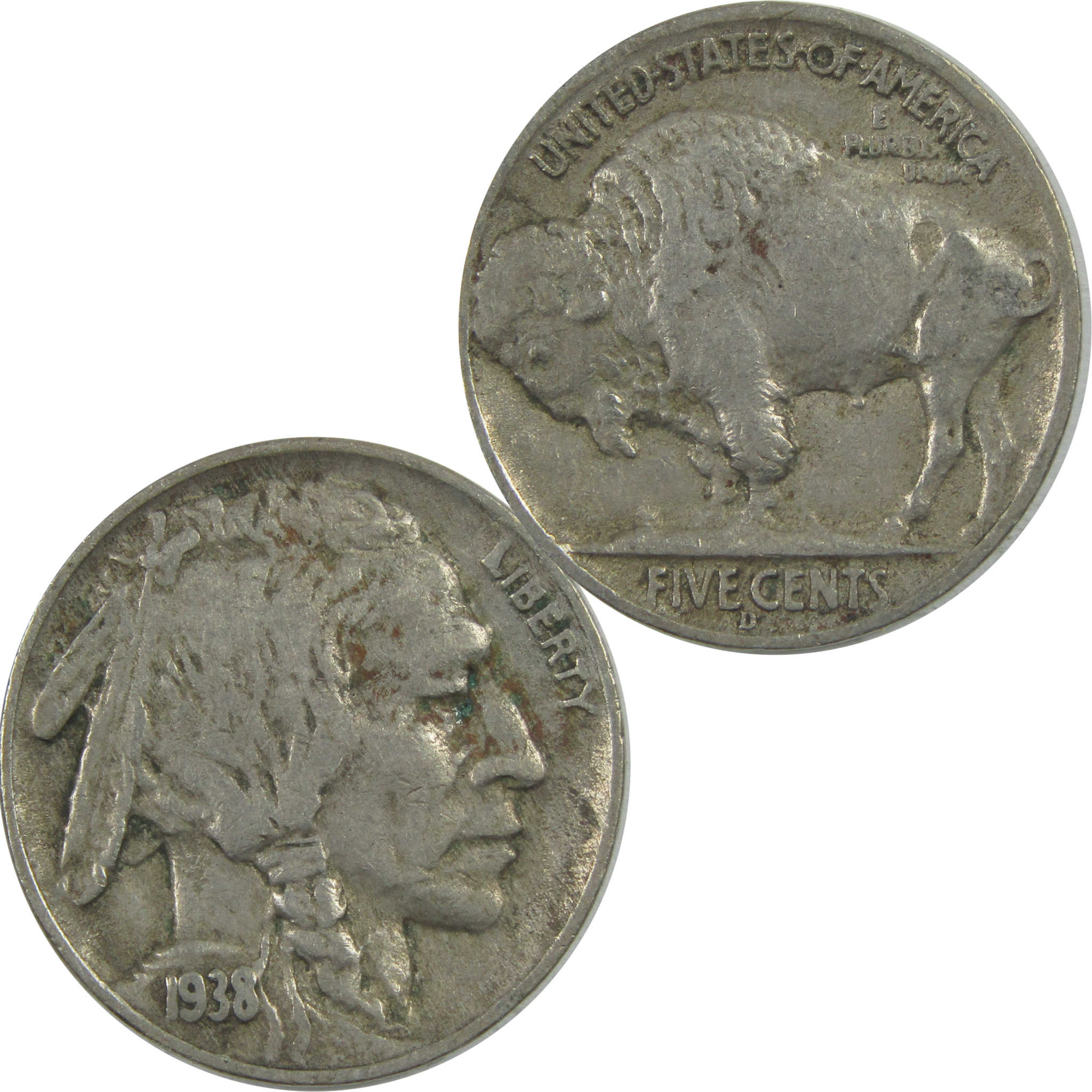 1938 D Indian Head Buffalo Nickel F Fine 5c Coin SKU:I15507