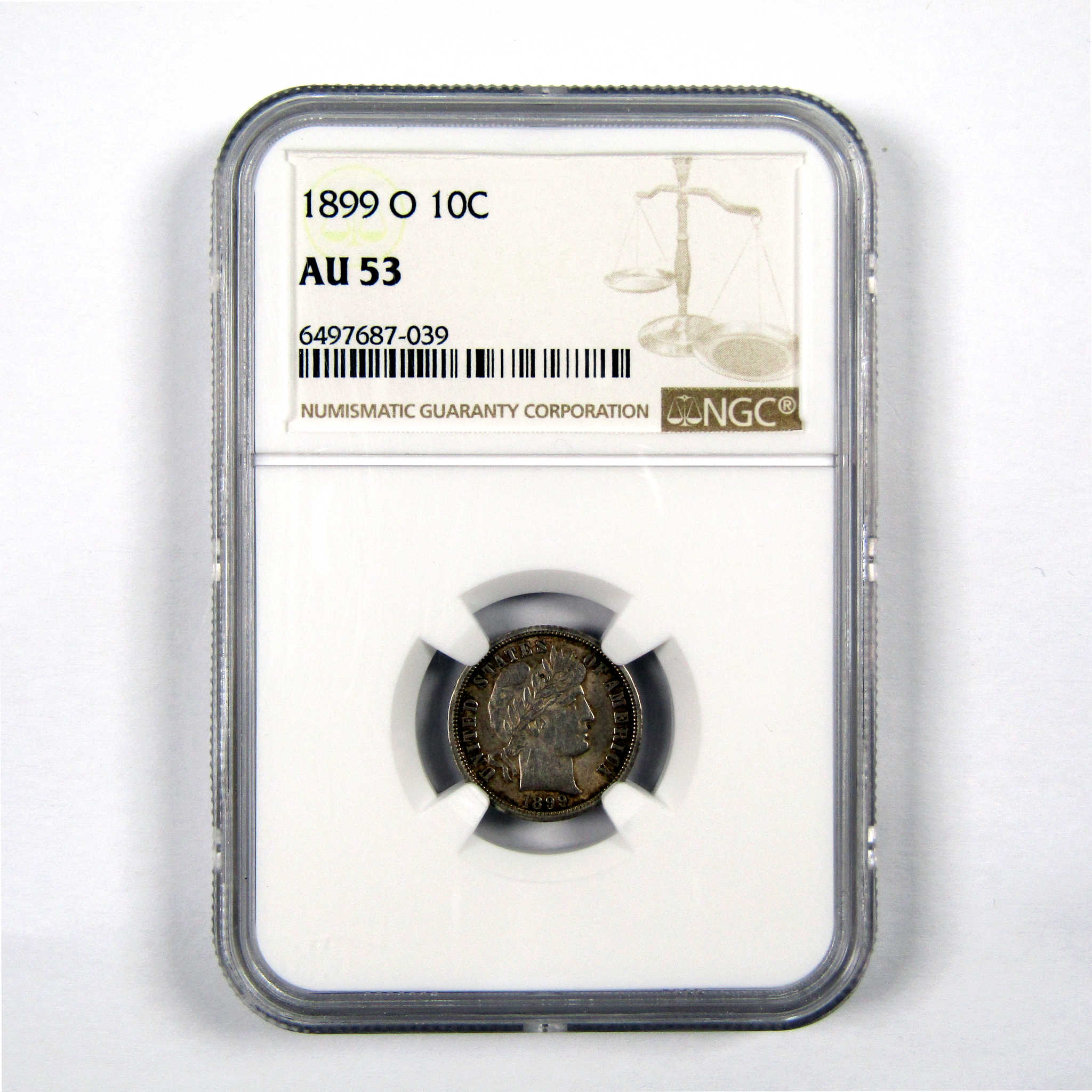 1899 O Barber Dime AU 53 NGC 90% Silver 10c Coin SKU:I9283