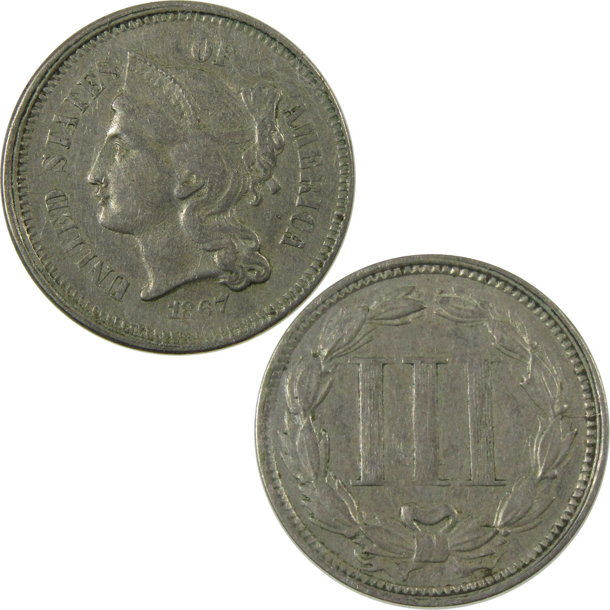 1867 Nickel Three Cent Piece XF EF Extremely Fine 3c Coin SKU:I28514