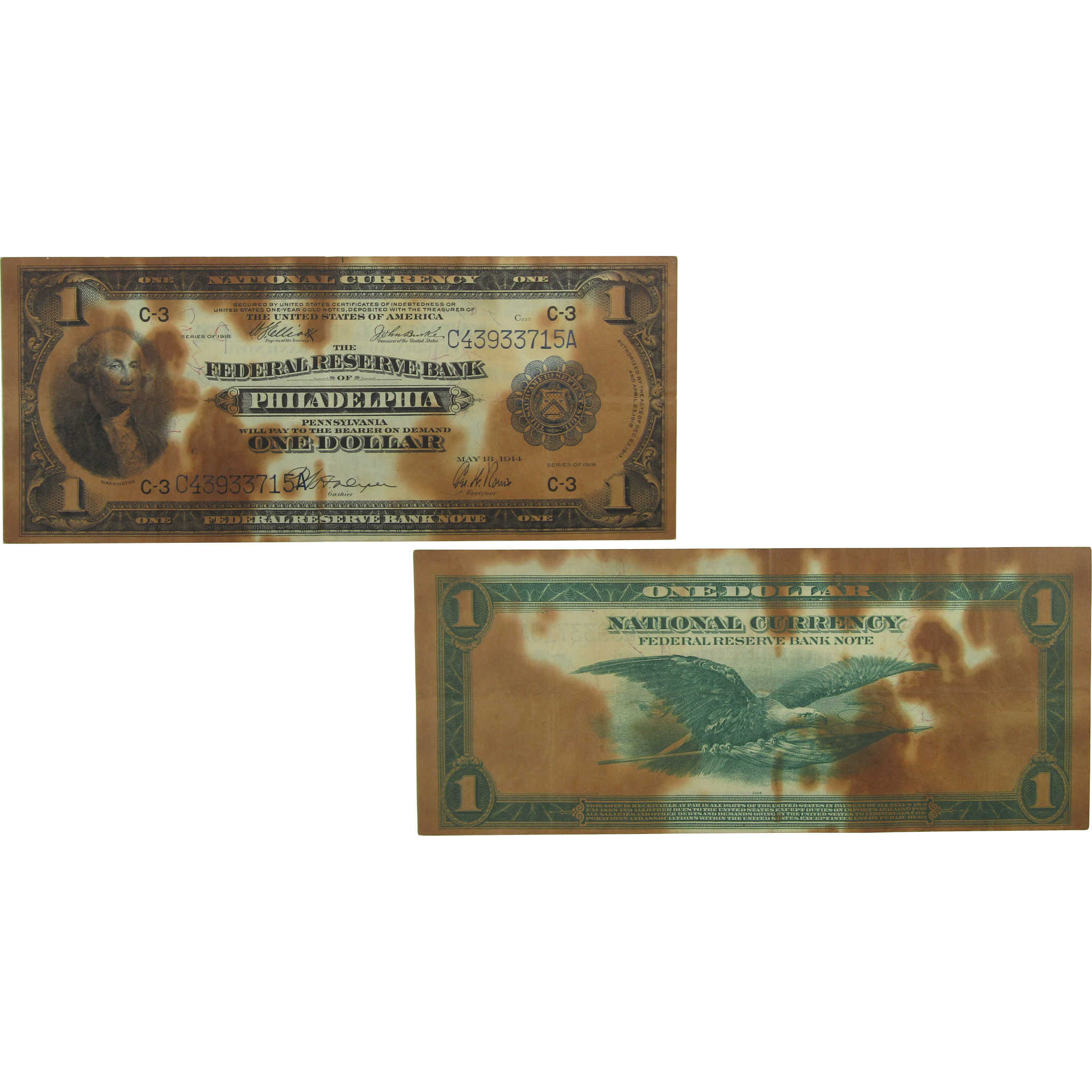 1918 $1 Federal Reserve Bank Note Philadelphia VF Details SKU:CPC0536
