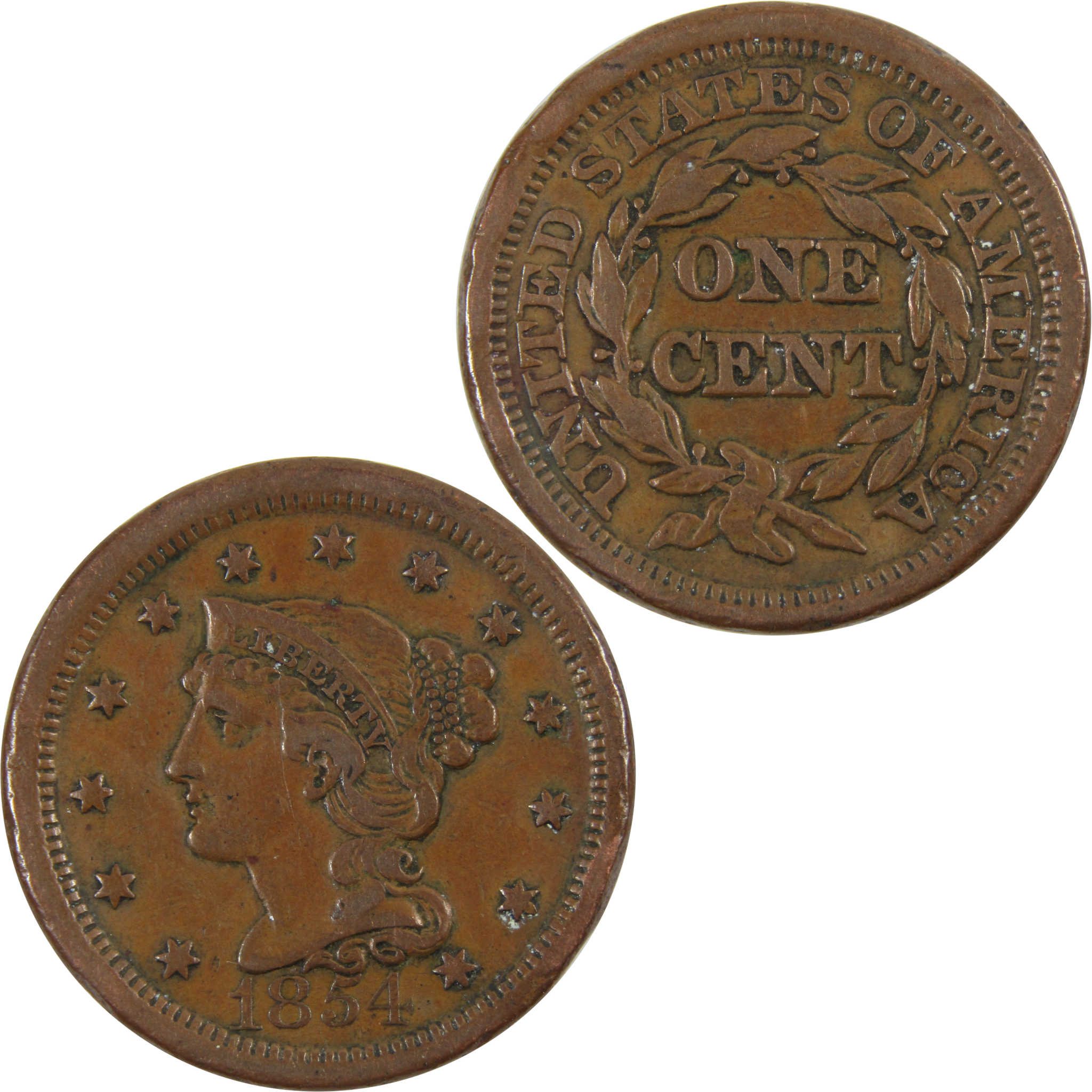 1854 Braided Hair Large Cent F Fine Details Copper Penny 1c SKU:I8385
