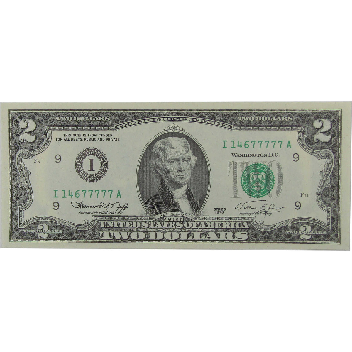 1976 $2 FR Note Minneapolis MN Uncirculated Serial Five Same Digit
