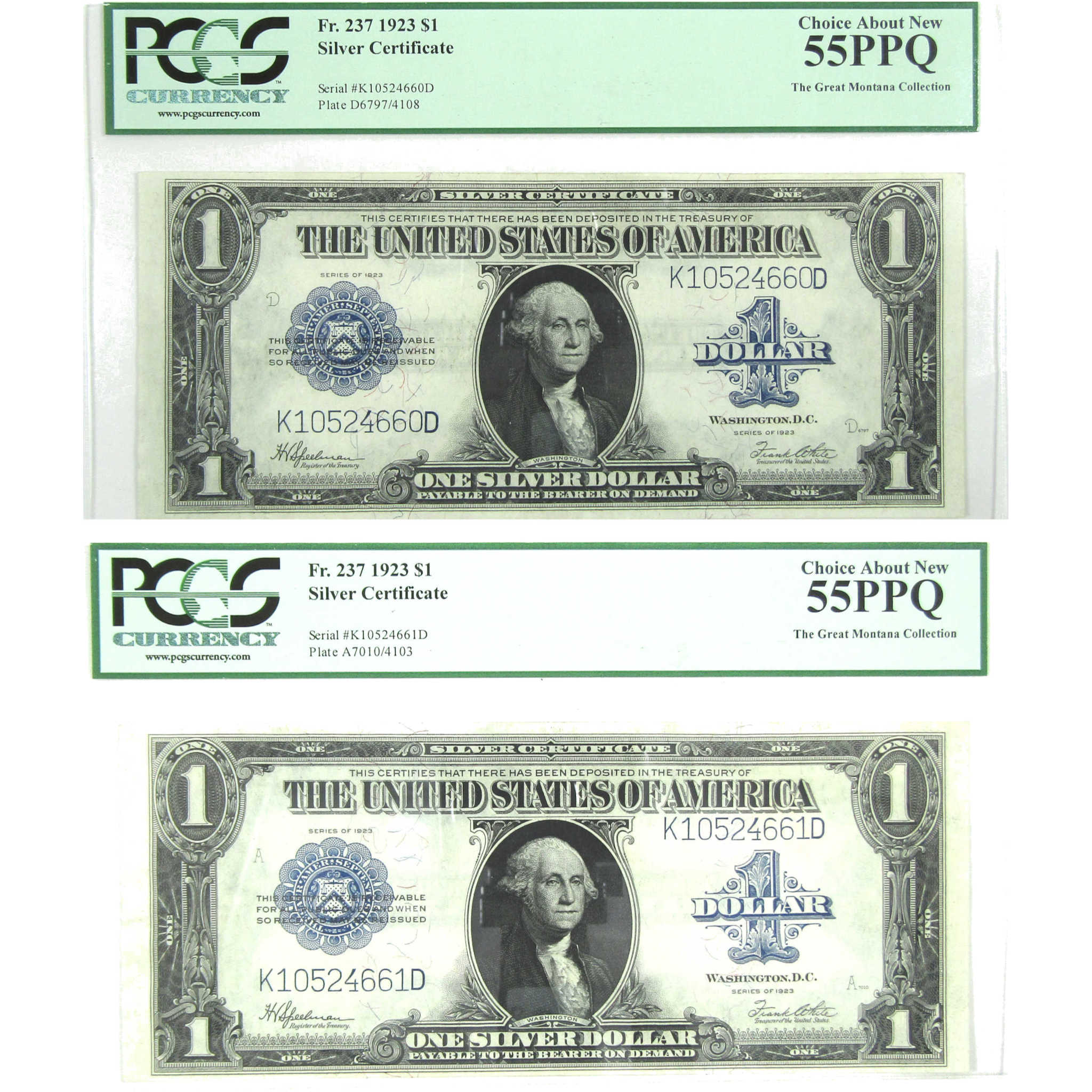 1923 $1 Silver Certificate 2 Piece Consecutive Serial Set 55 PPQ PCGS