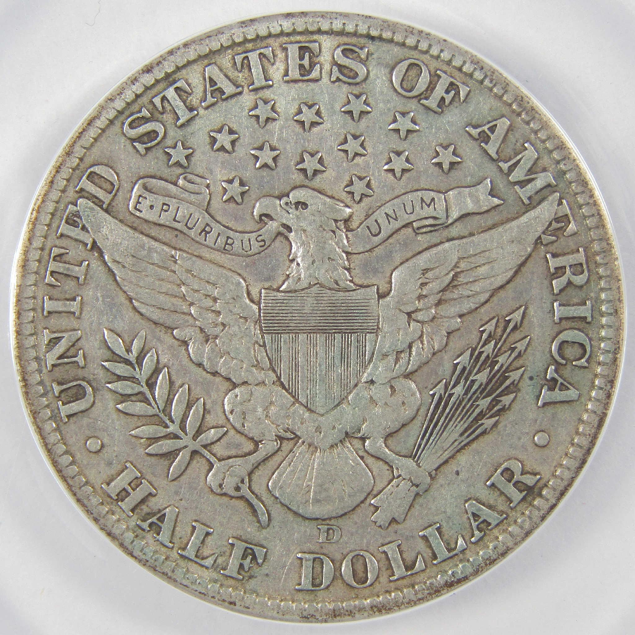 1912 D Barber Silver Half Dollar VF 20 ANACS 50c Coin Collectible