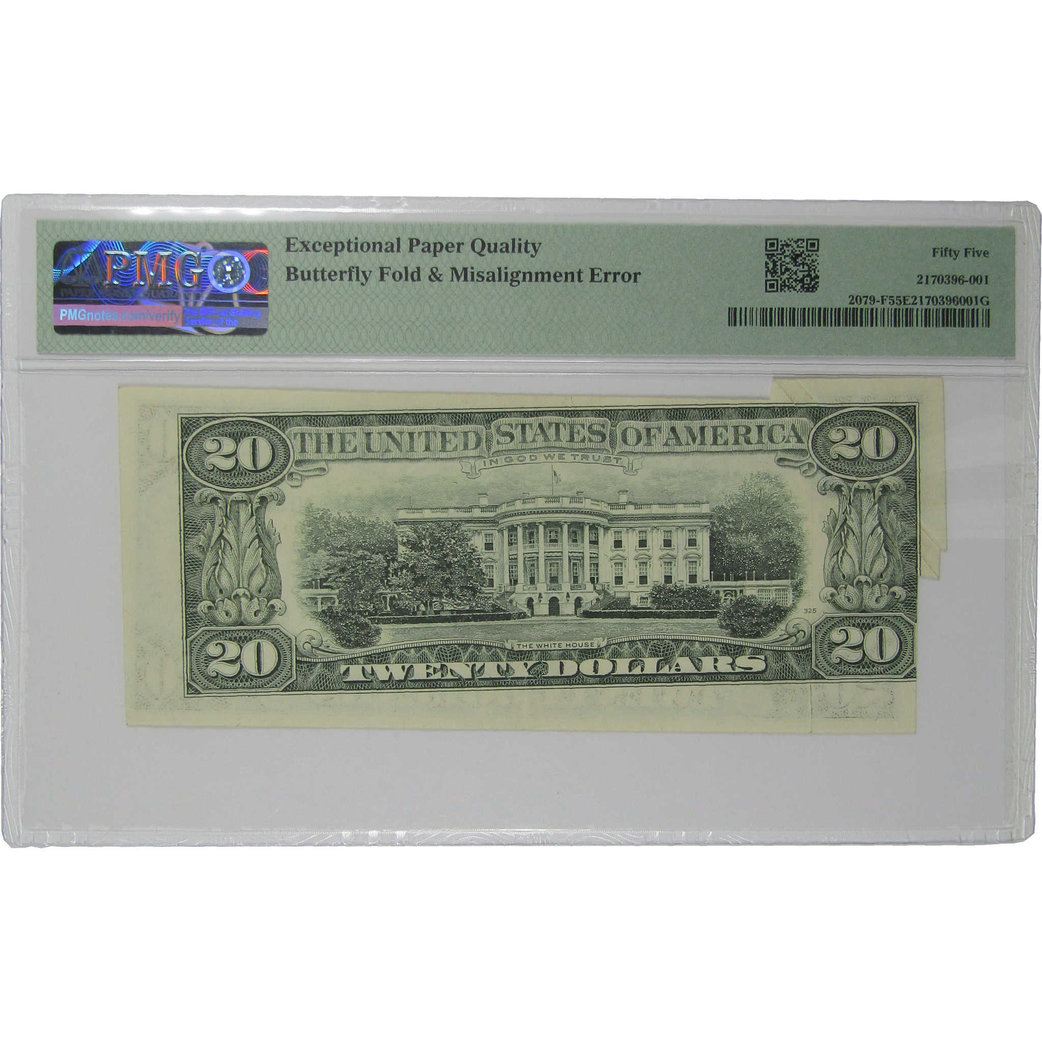 1993 $20 FR Note AU 55 EPQ PMG Butterfly Fold Misalignment Error