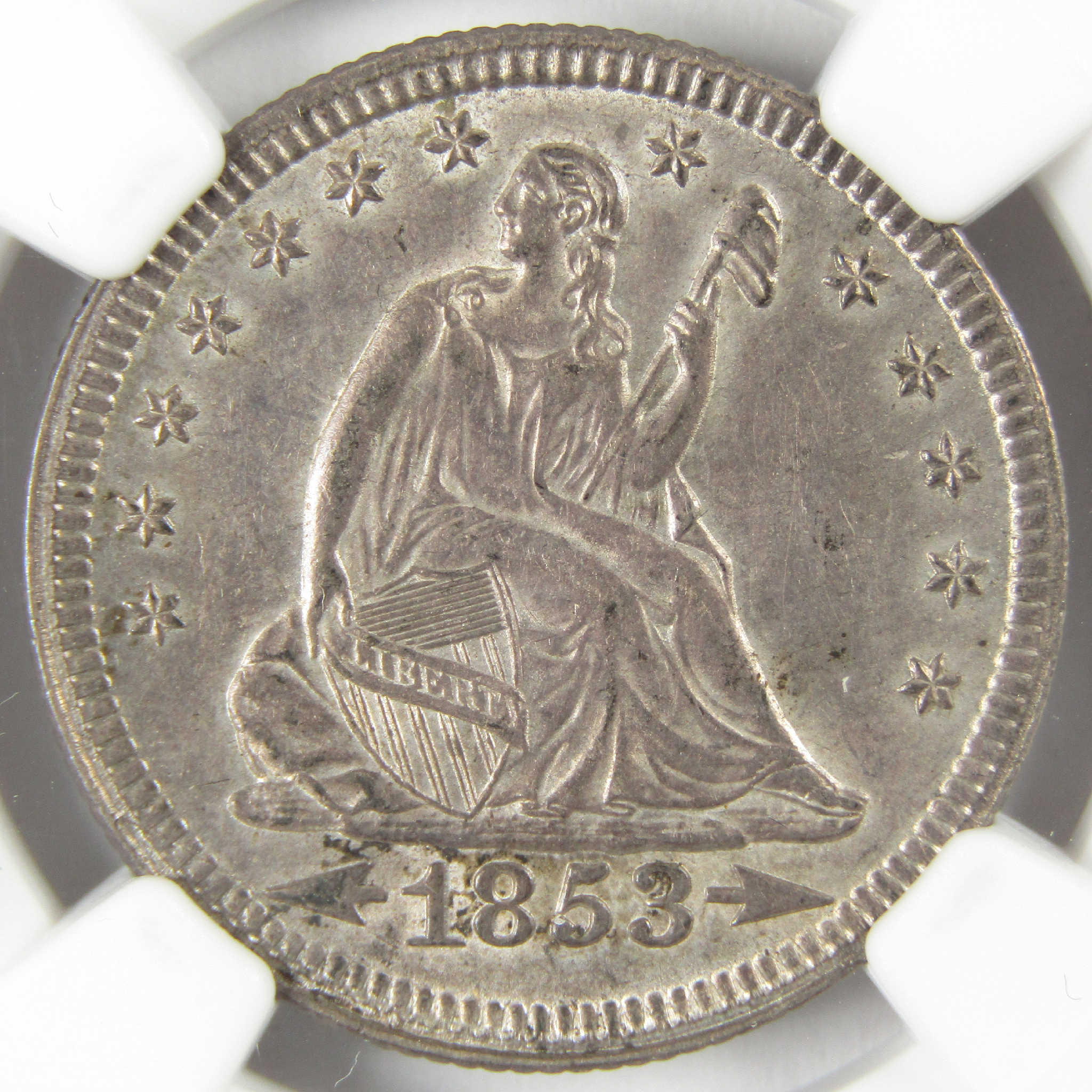 1853 Arrows and Rays Seated Liberty Silver Quarter AU 58 NGC 25c Coin