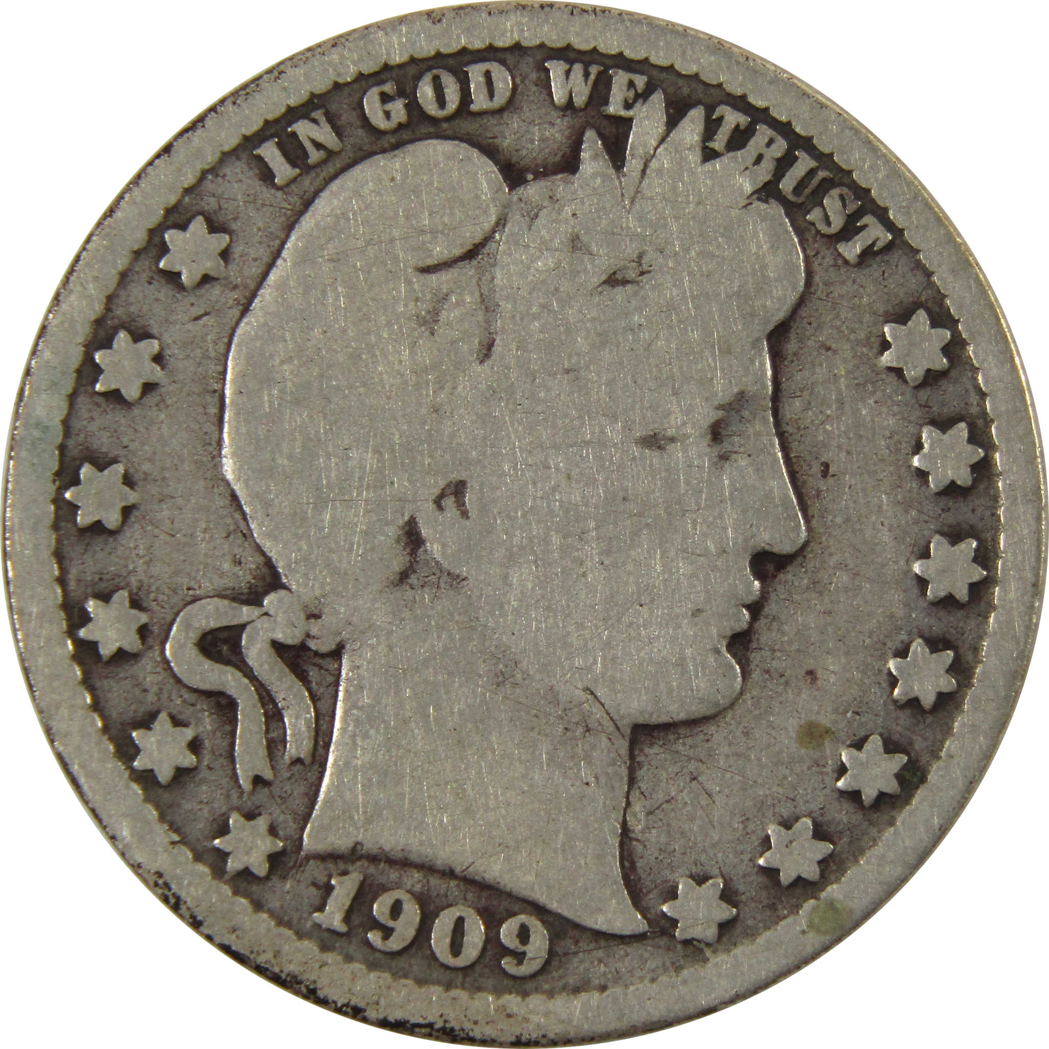 1909 D Barber Quarter G Good 90% Silver 25c Coin SKU:I9984