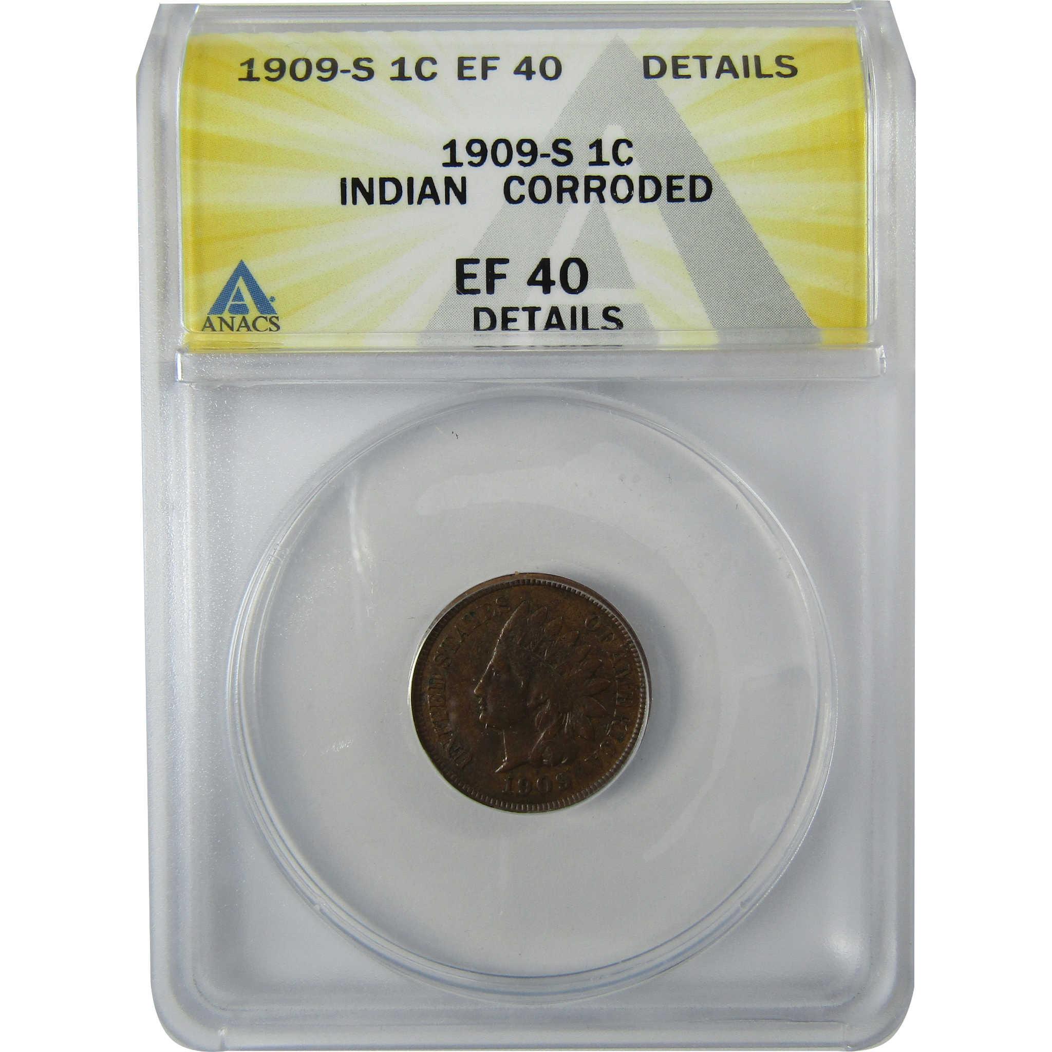 1909 S Indian Head Cent EF 40 Details ANACS Penny 1c Coin SKU:CP755