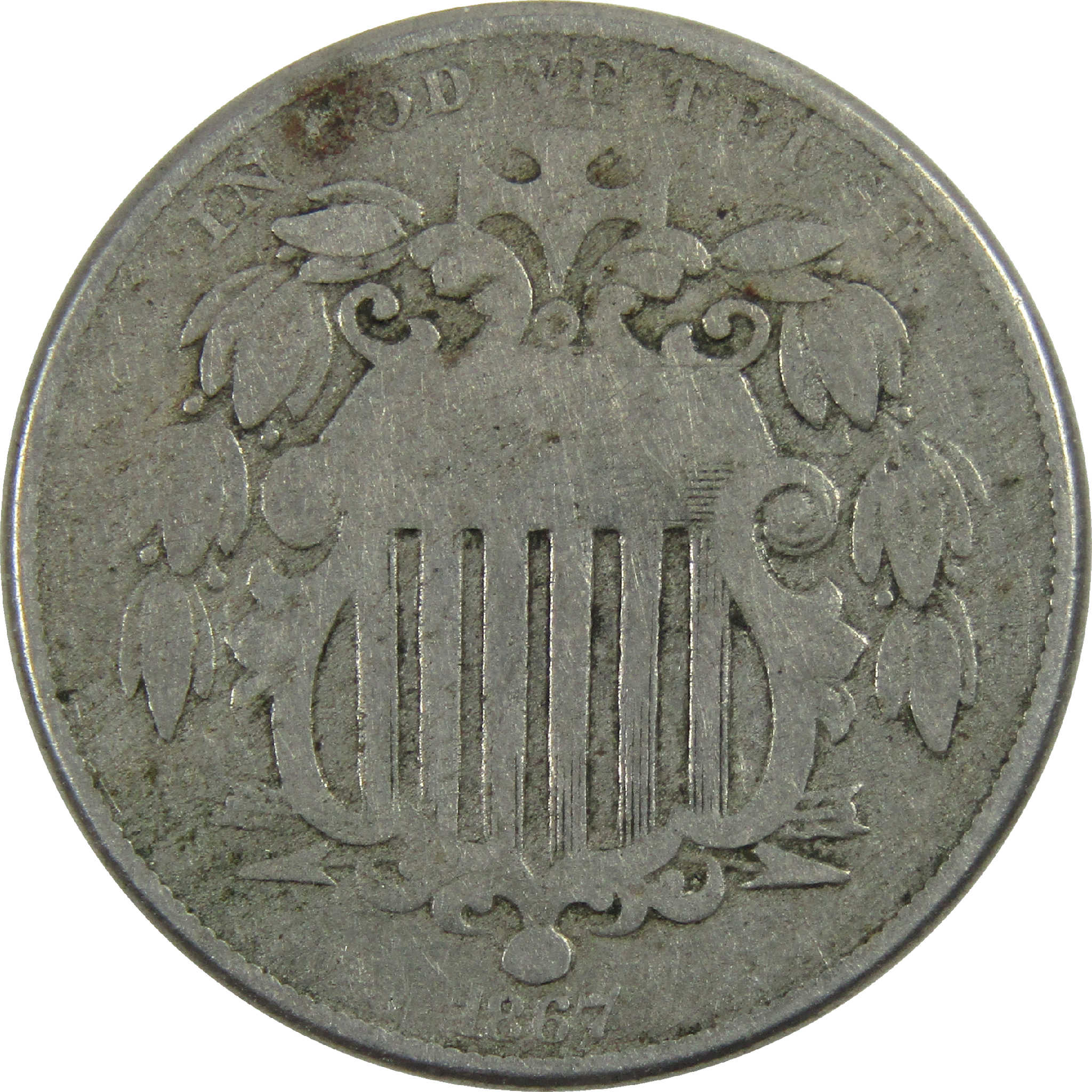 1867 No Rays Shield Nickel VG Very Good Details 5c Coin SKU:I12253