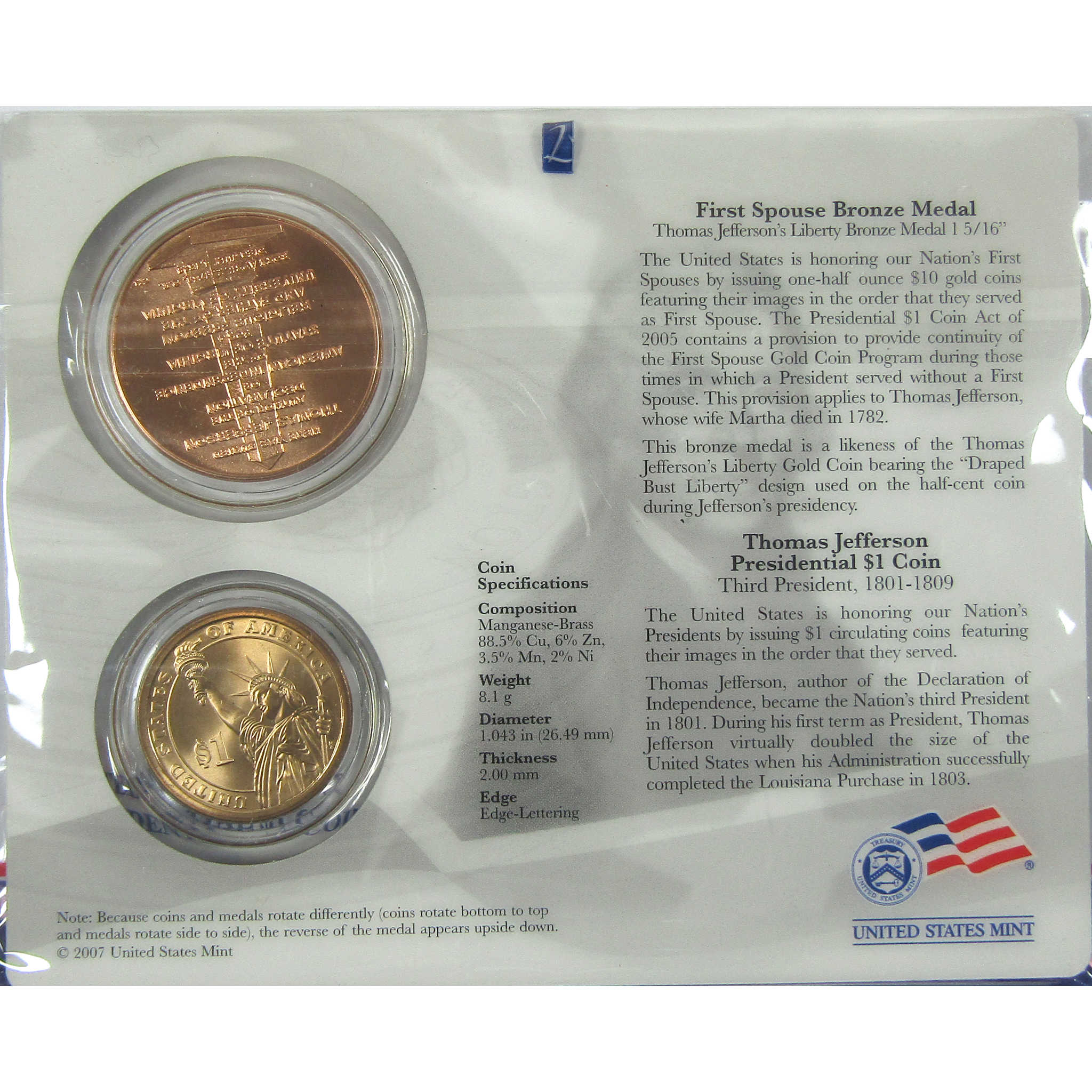 2007 Thomas Jefferson First Spouse 2 Piece Set Unc SKU:CPC8976