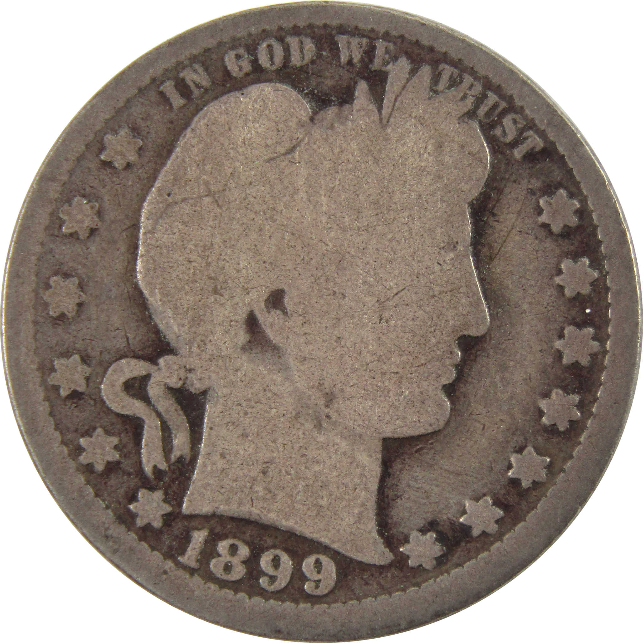 1899 Barber Quarter G Good 90% Silver 25c Coin SKU:I9958