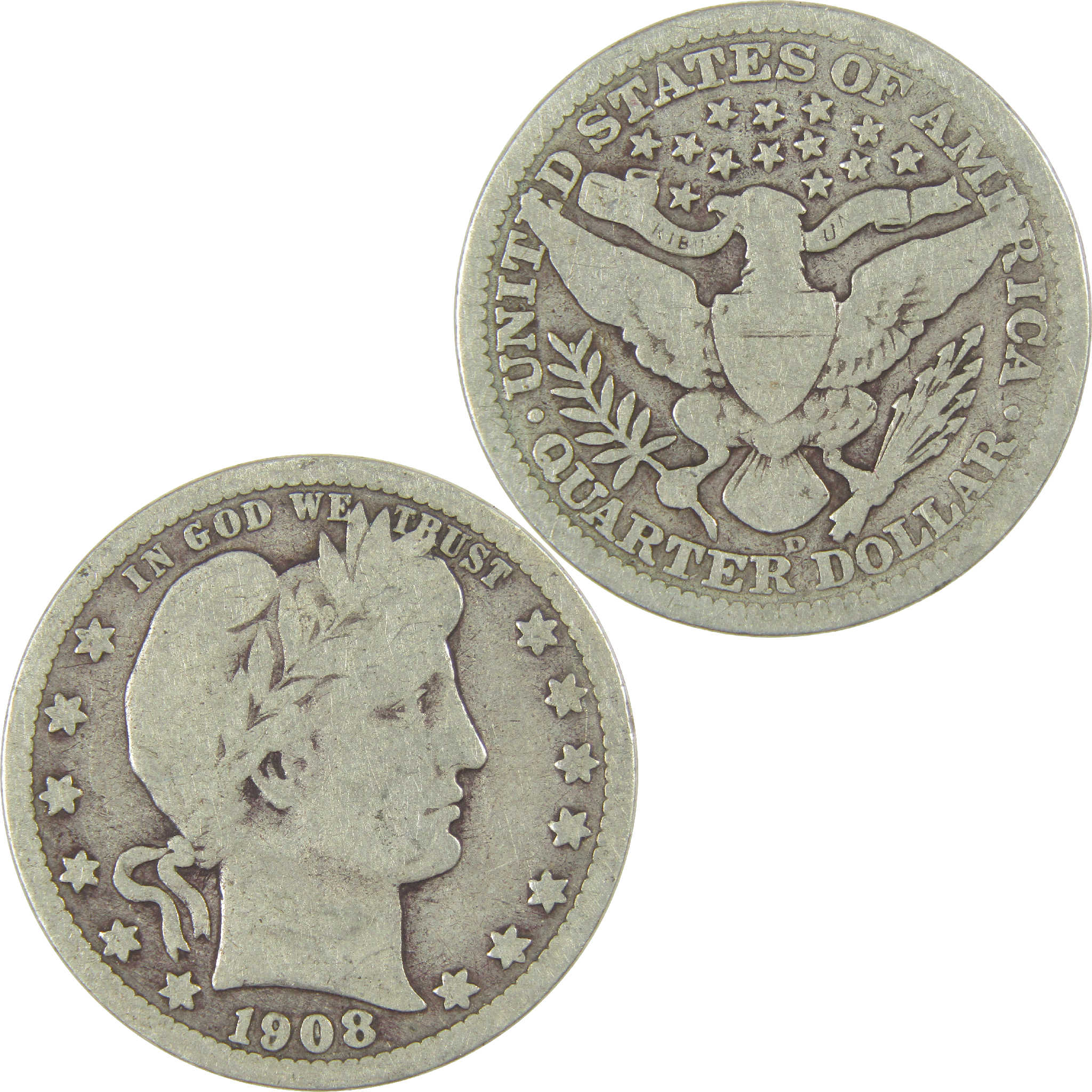 1908 D Barber Quarter G Good Silver 25c Coin