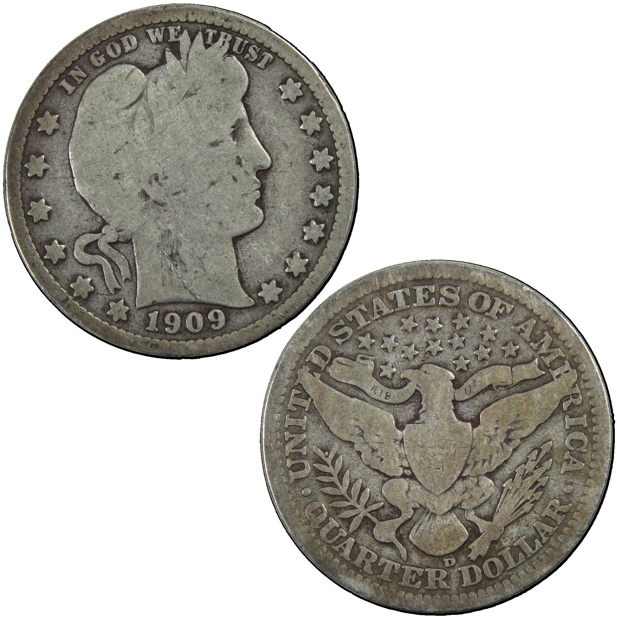 1909 D Barber Quarter G Good Silver 25c Coin SKU:I12719