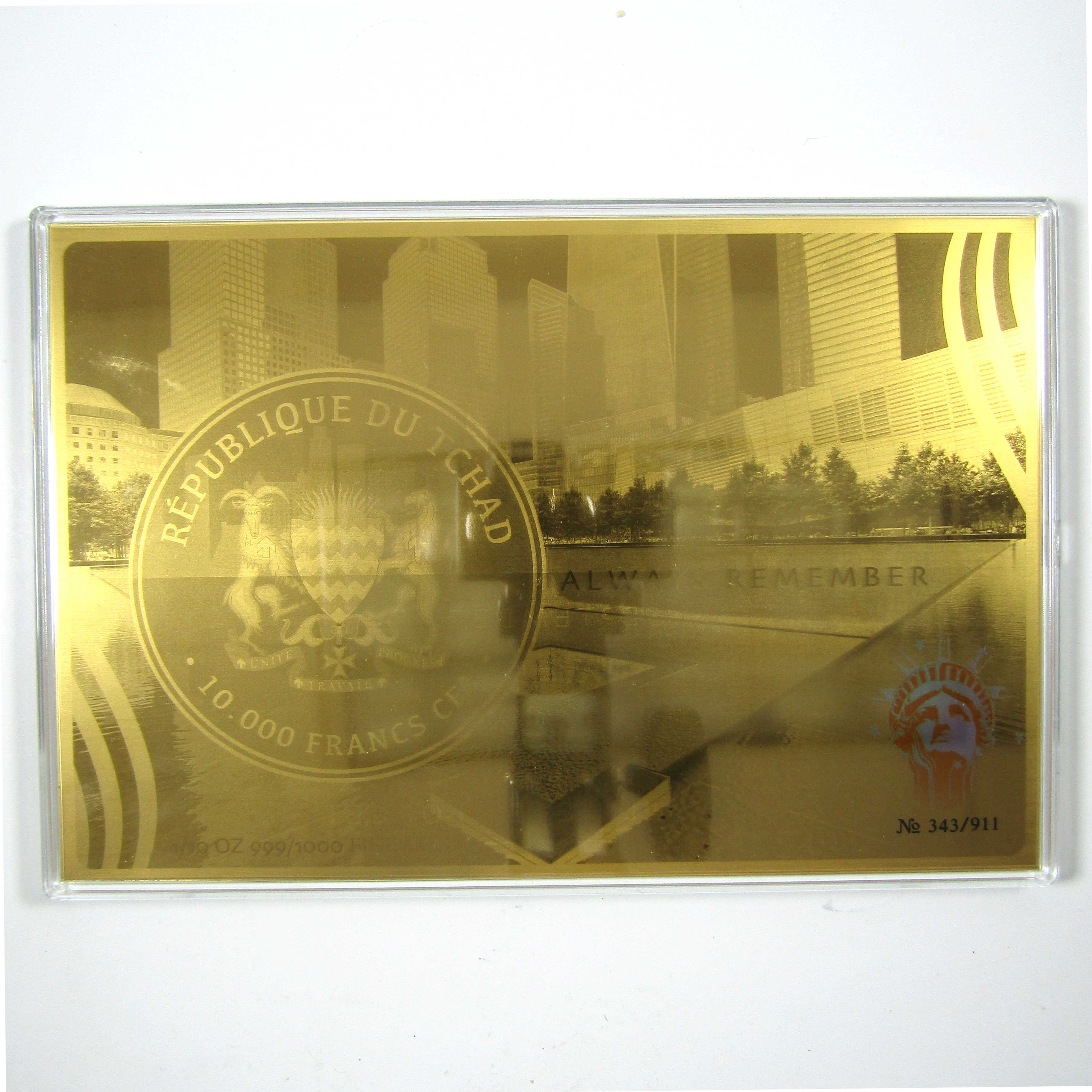 September 11 We Will Never Forget Gold 10000 Francs CFA COA SKU:I13705