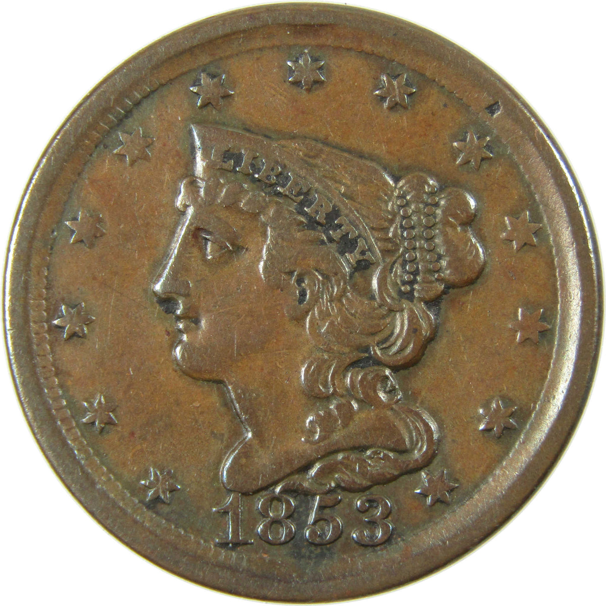 1853 Braided Hair Copper Half Cent VF Very Fine 1/2c Coin Collectible