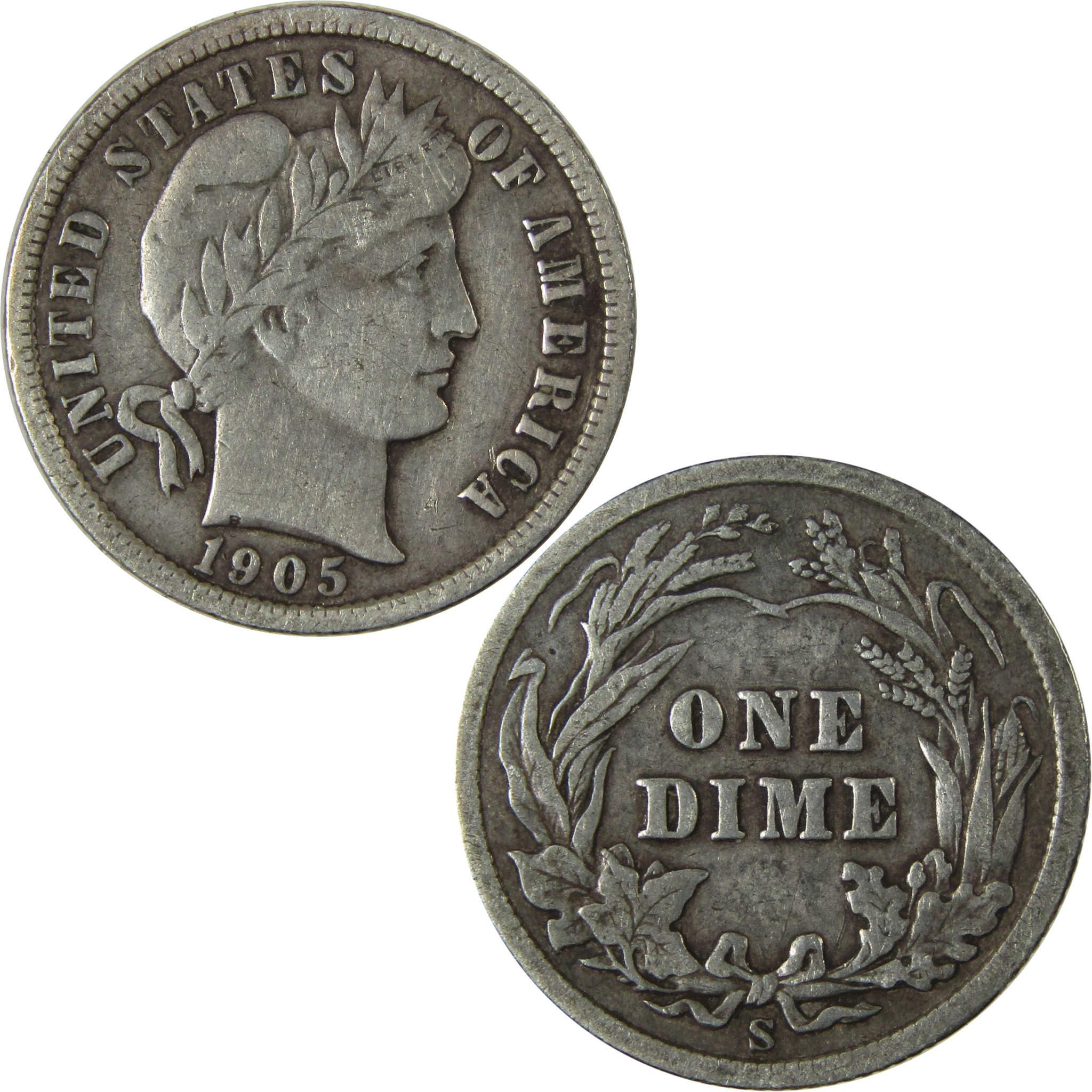 1905 S Barber Silver Dime F Fine 10c Coin Collectible SKU:CP988