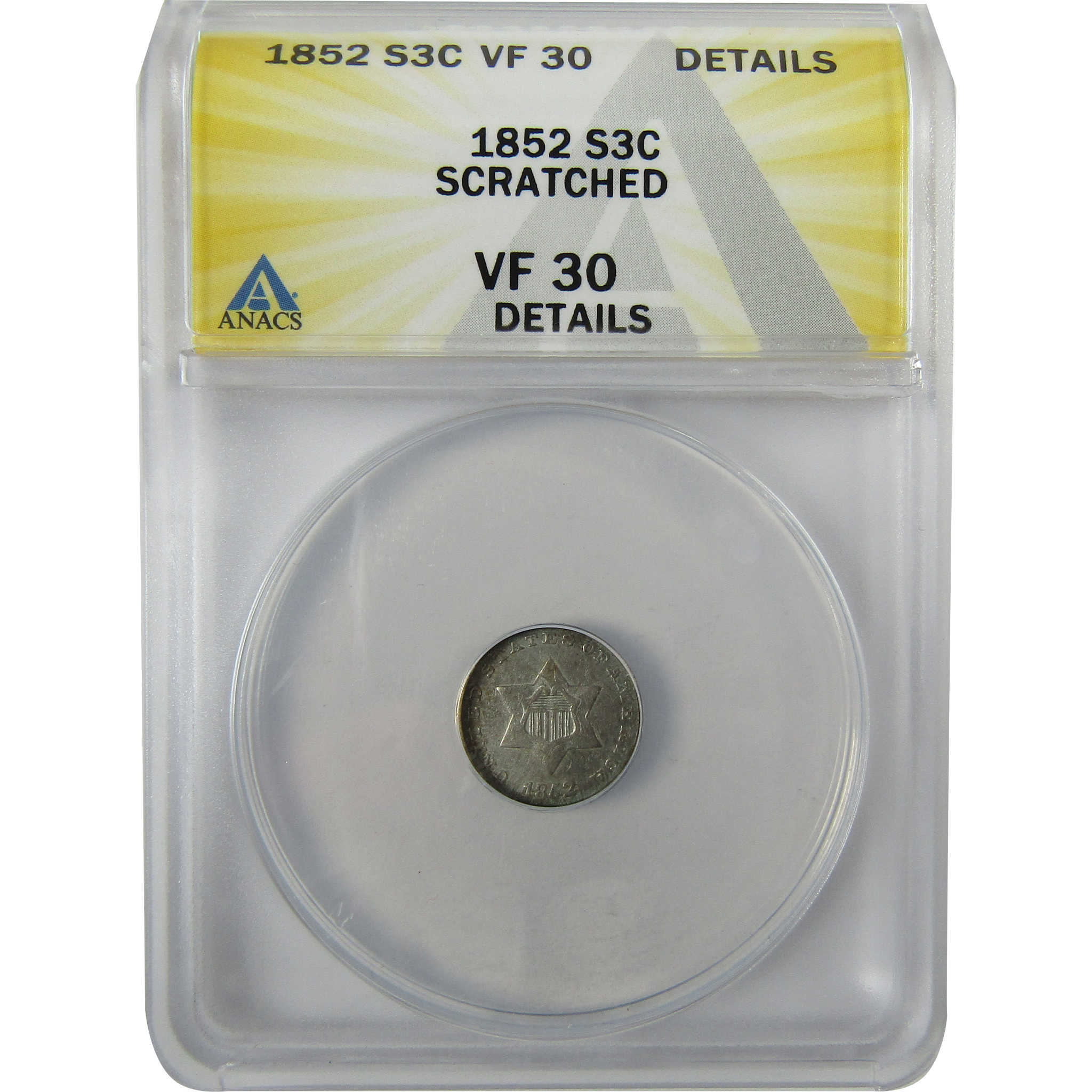 1852 Silver Three Cent Piece VF 30 Details ANACS Trime SKU:I27984