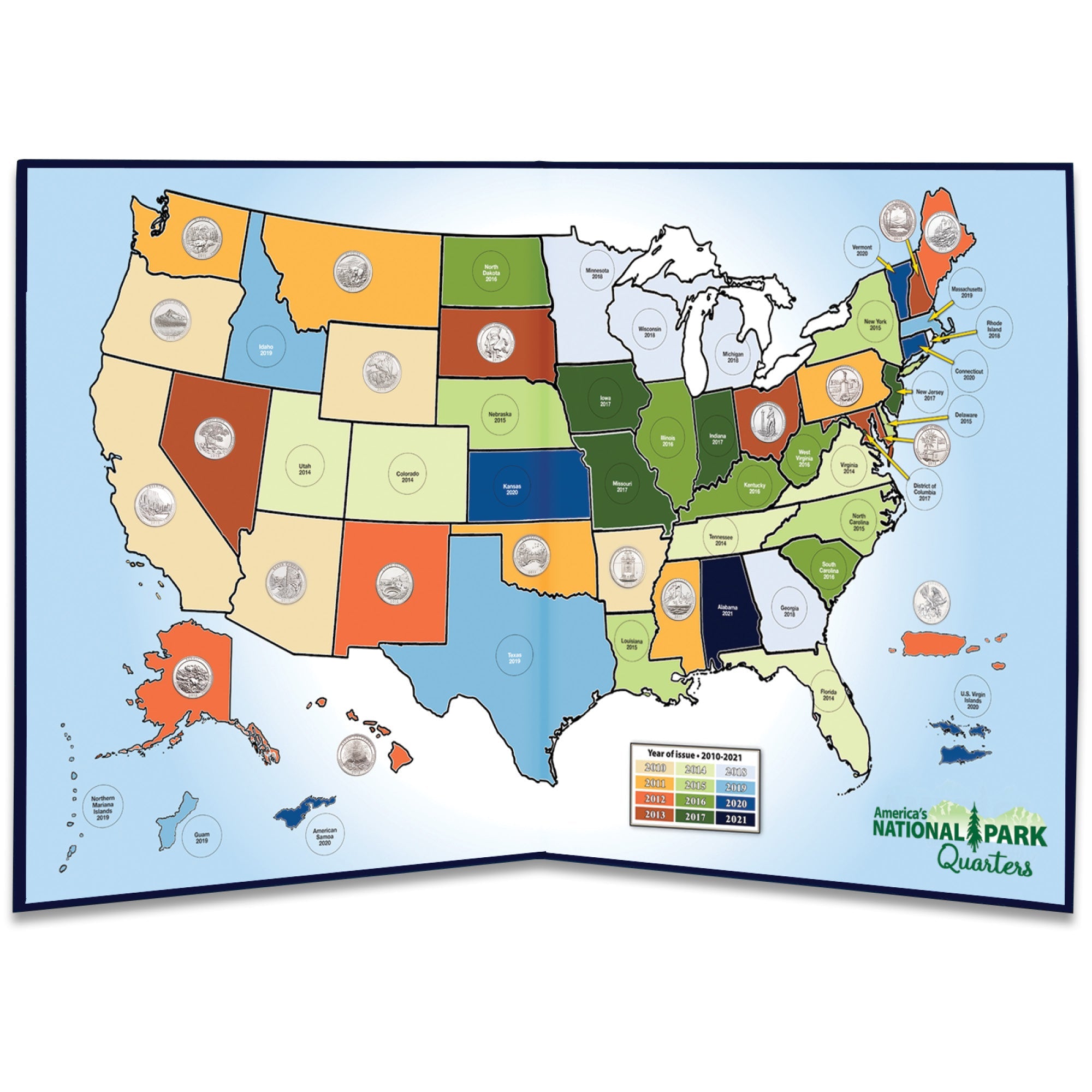 2010-2021 America's National Park Quarter Series Colorful Map Folder