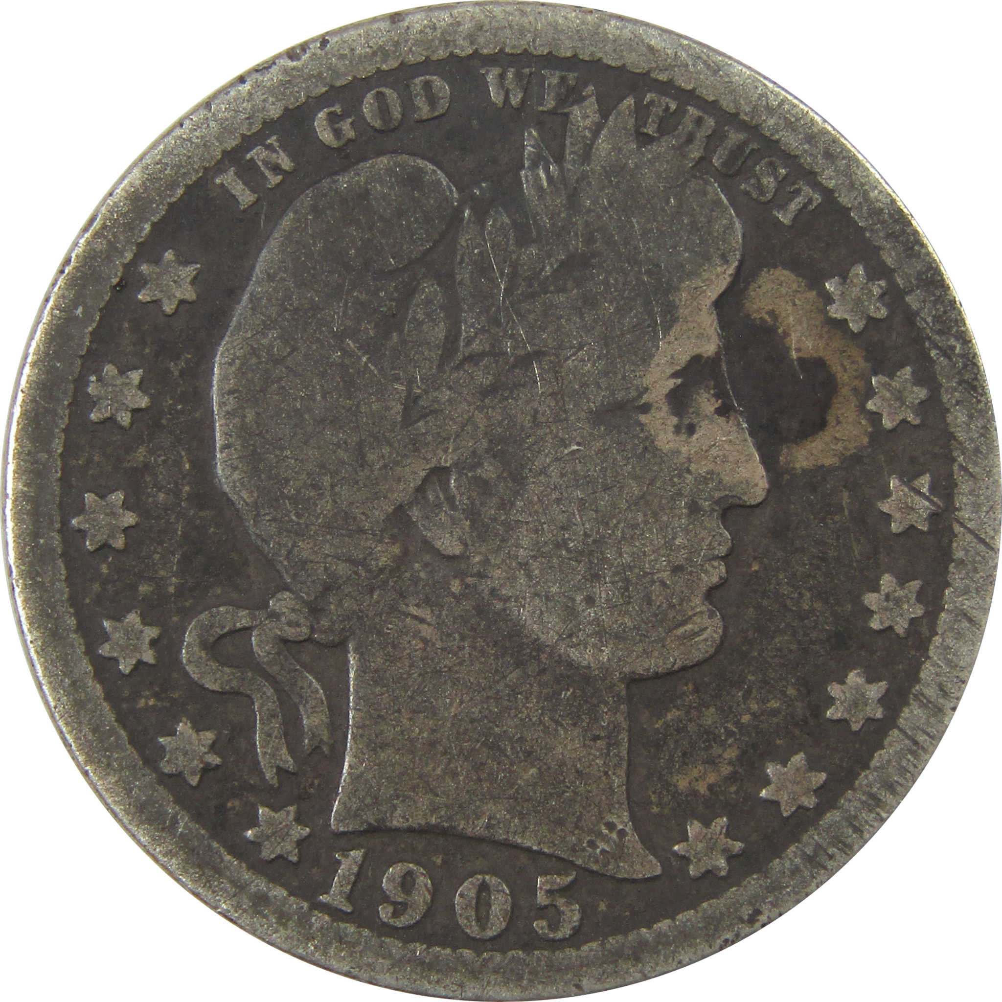 1905 Barber Quarter G Good Details Silver 25c Coin Toned SKU:I21802