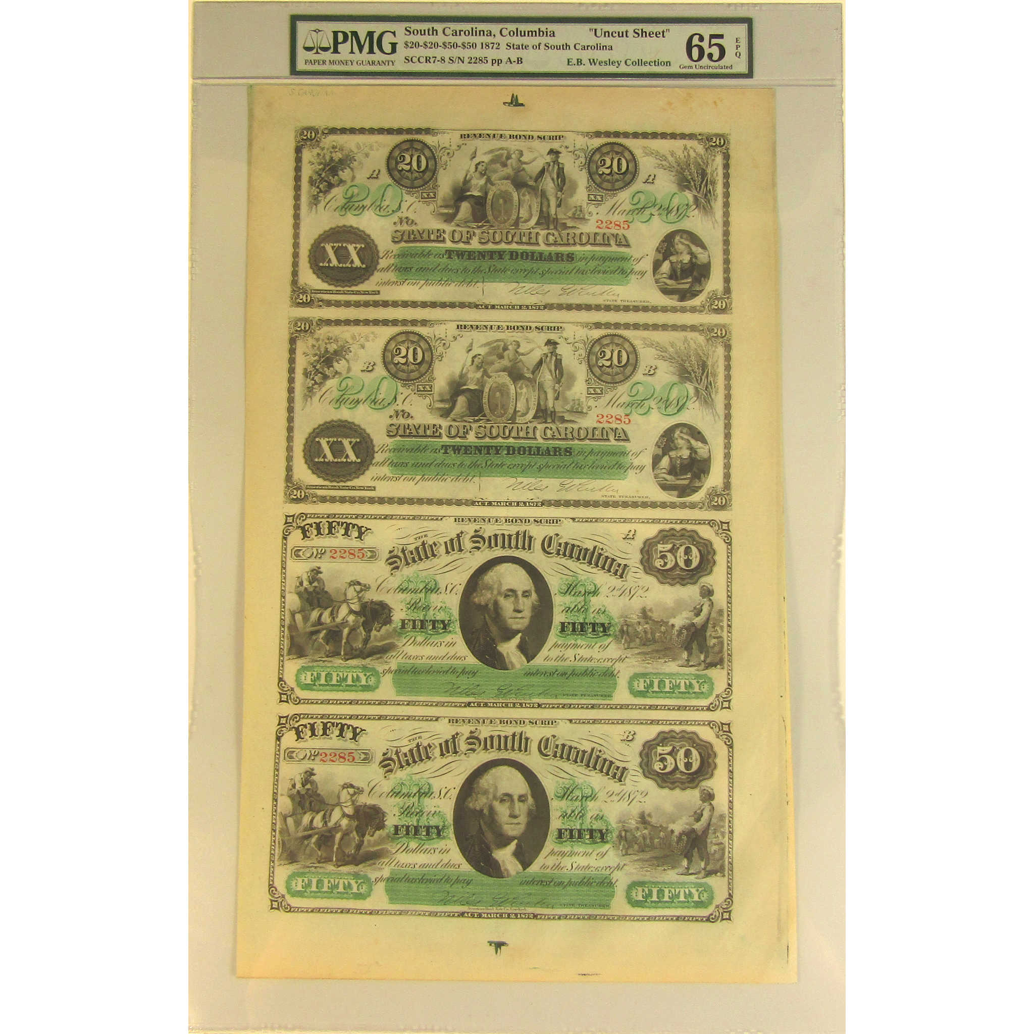 1872 $20/$50 South Carolina Uncut Sheet Gem Unc 65 EPQ PMG SKU:CPC9598