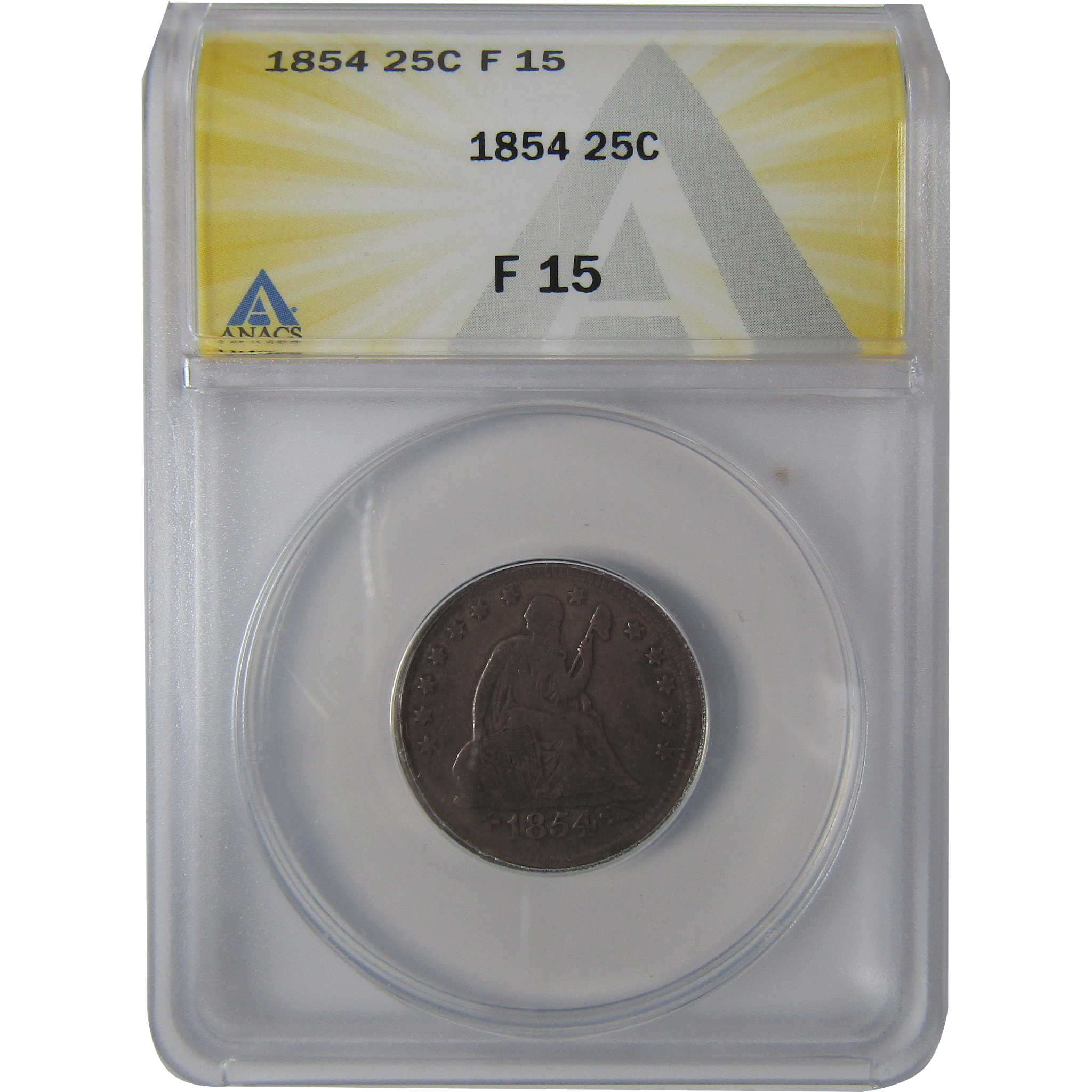 1854 Seated Liberty Quarter F 15 ANACS Silver 25c Coin SKU:I23643