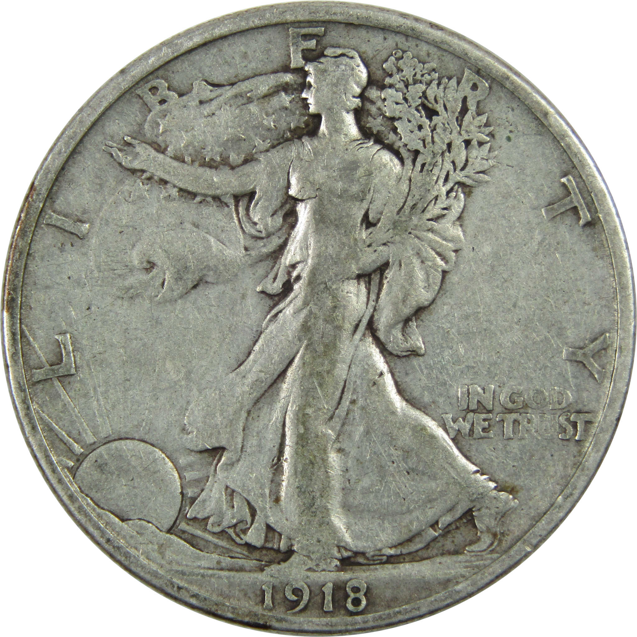 1918 S Liberty Walking Half Dollar F Fine Silver 50c Coin SKU:I13028