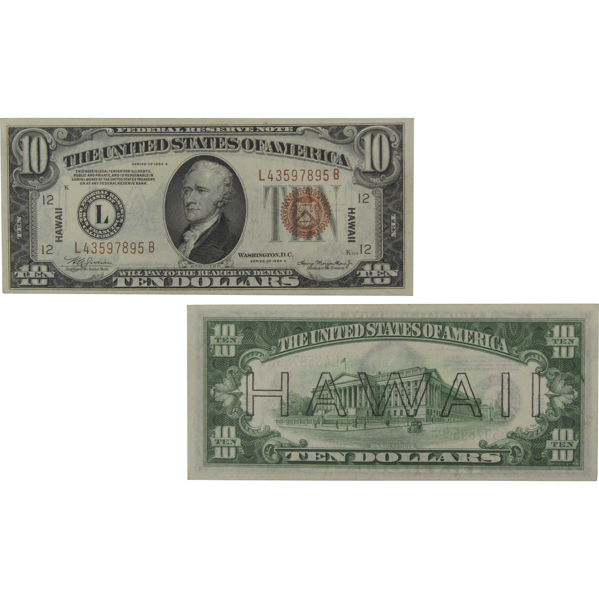 1934 A $10 Federal Reserve Note Hawaii WWII Fr 2303 AU About Unc