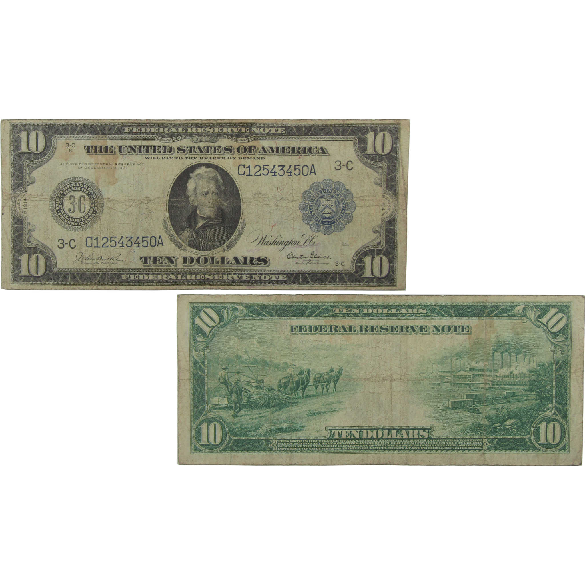 1914 $10 Federal Reserve Note Fr 913 Philadelphia PA VG Very Good
