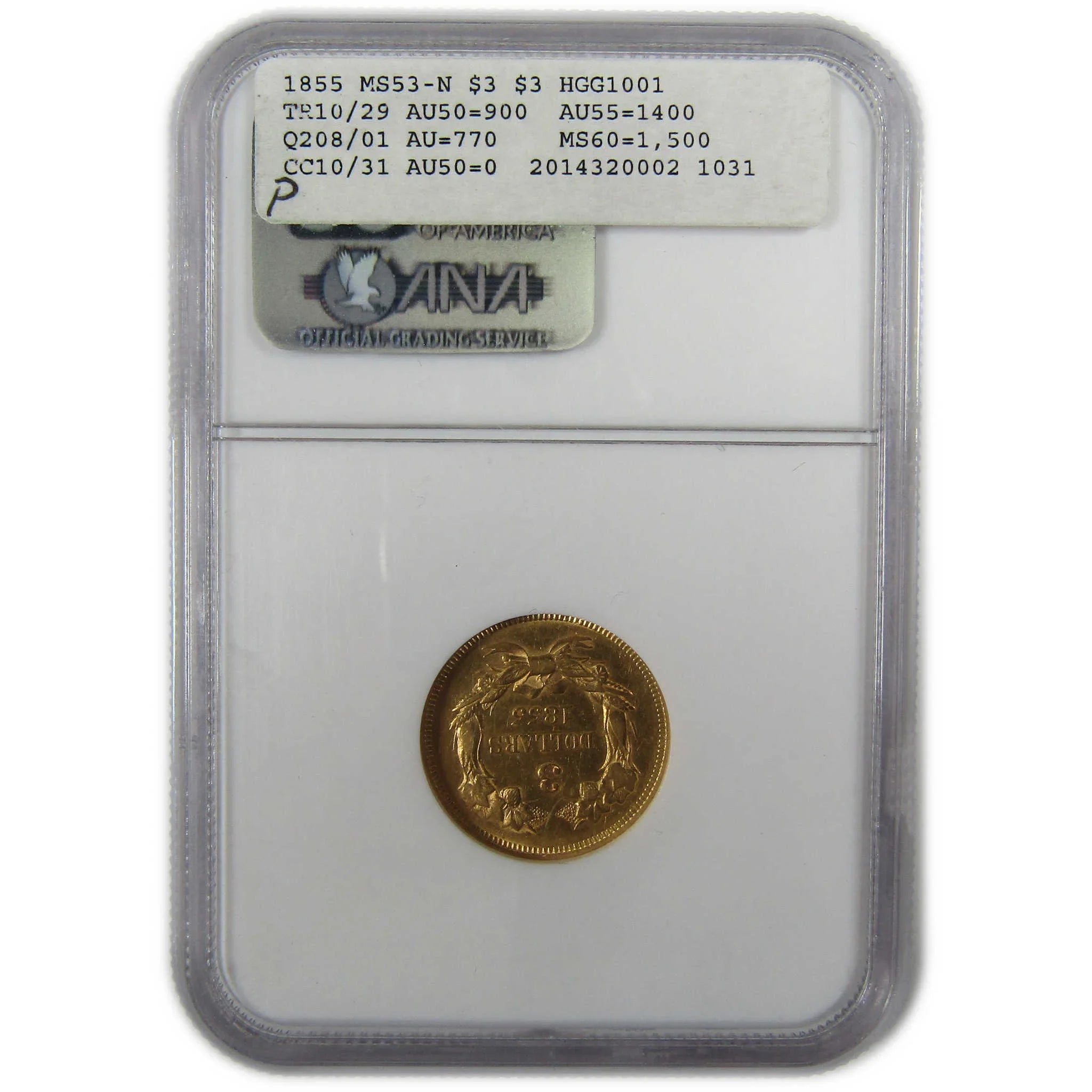 1855 Indian Princess Head Gold $3 AU 53 NGC Coin SKU:CP901