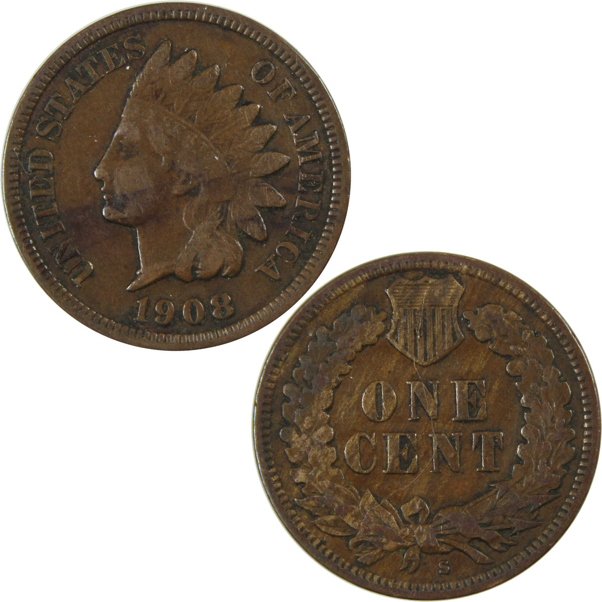 1908 S Indian Head Cent VF Very Fine Penny 1c Coin SKU:I28642