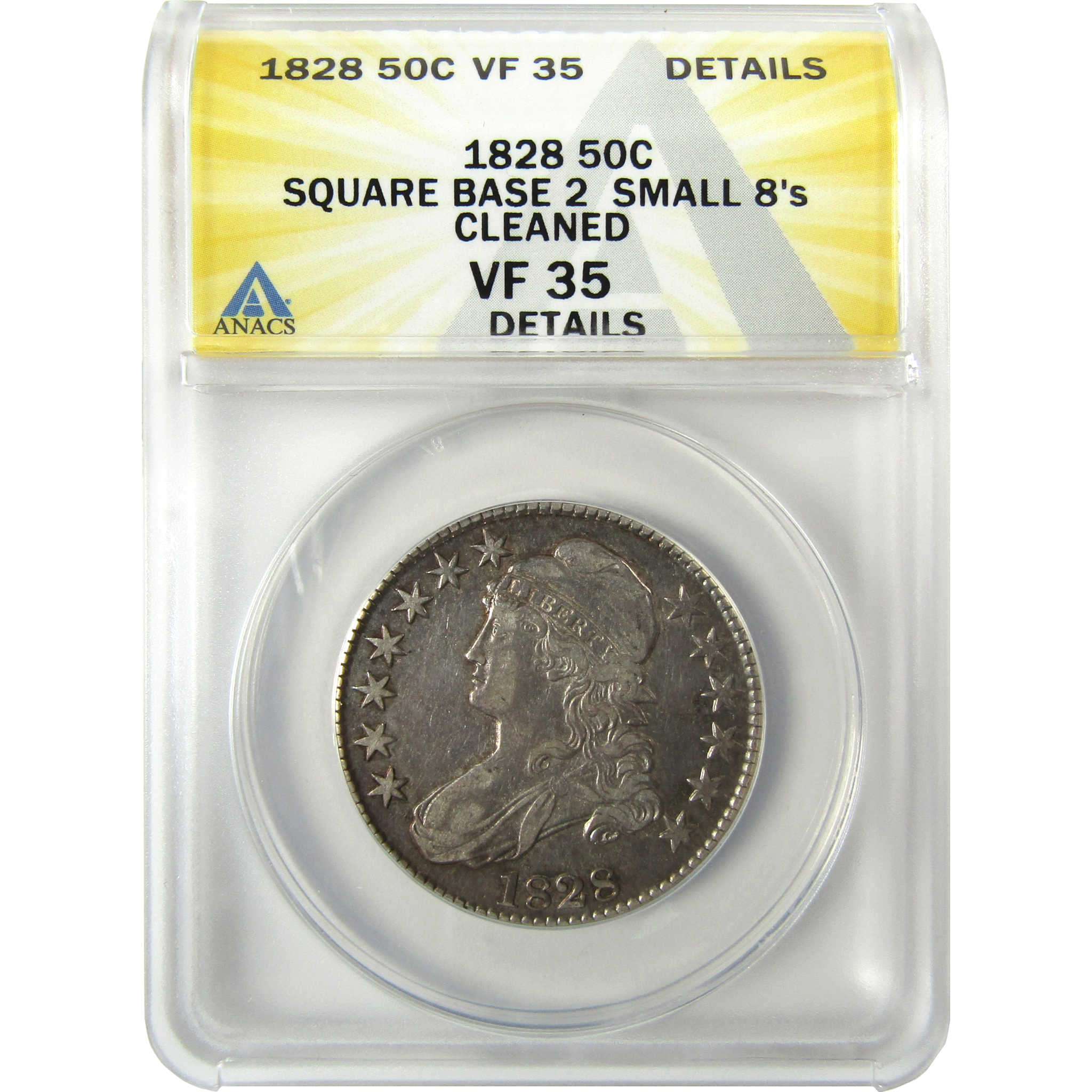 1828 Sq Base 2 Sm 8's Capped Bust 50c VF 35 Details ANACS SKU:I25401