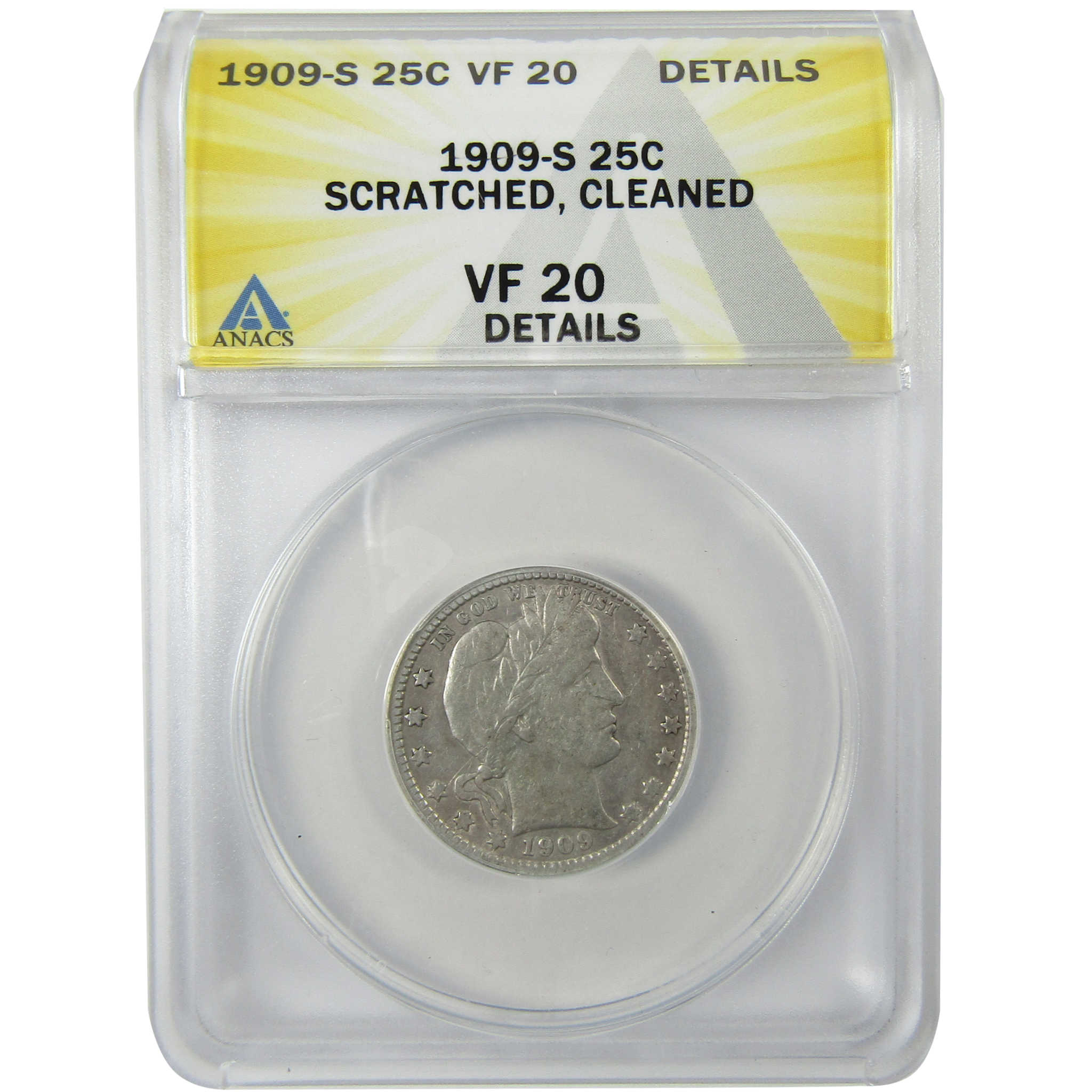 1909 S Barber Silver Quarter VF 20 Details ANACS 25c Coin SKU:I28592