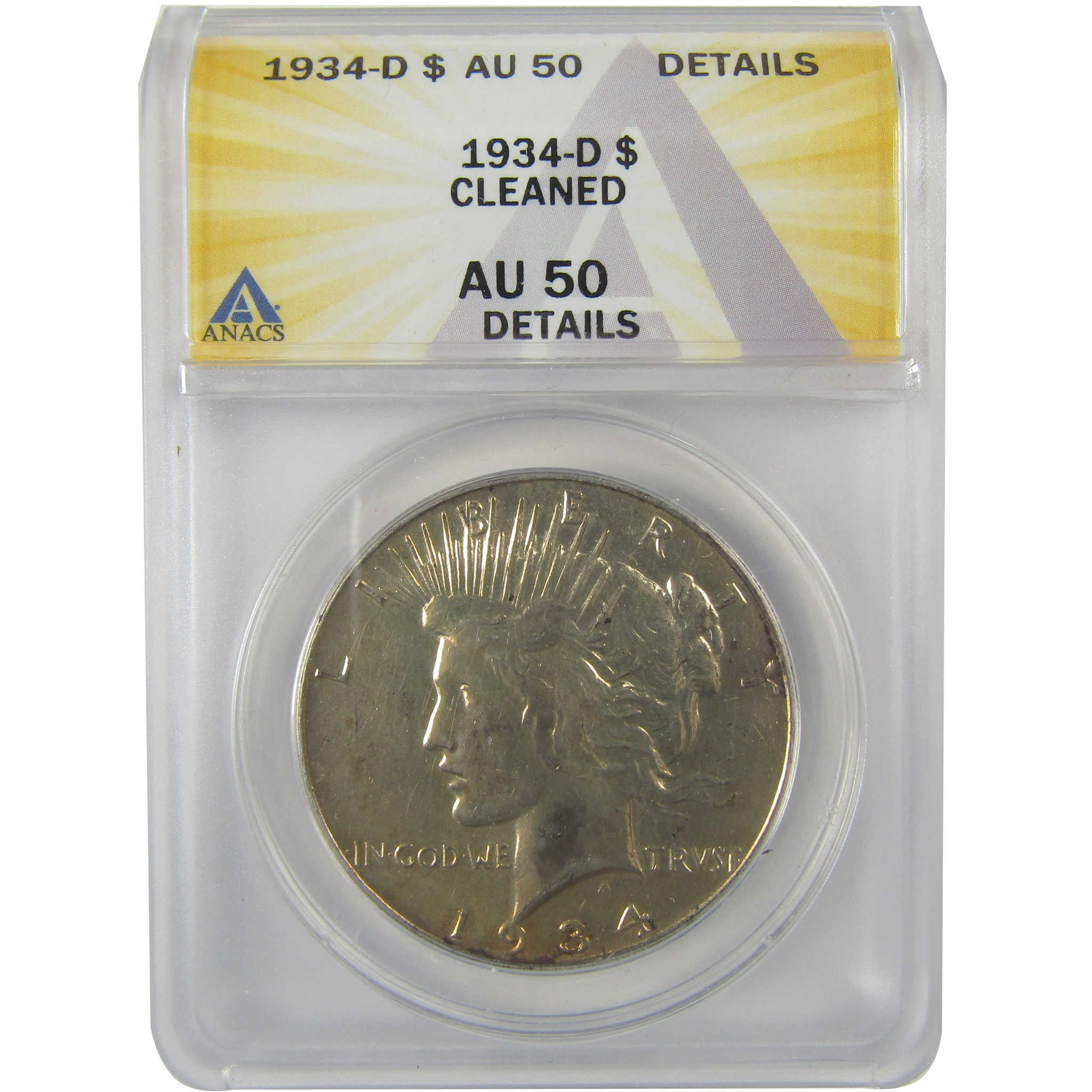 1934 D Peace Dollar AU 50 Details ANACS Silver $1 Coin SKU:I21582