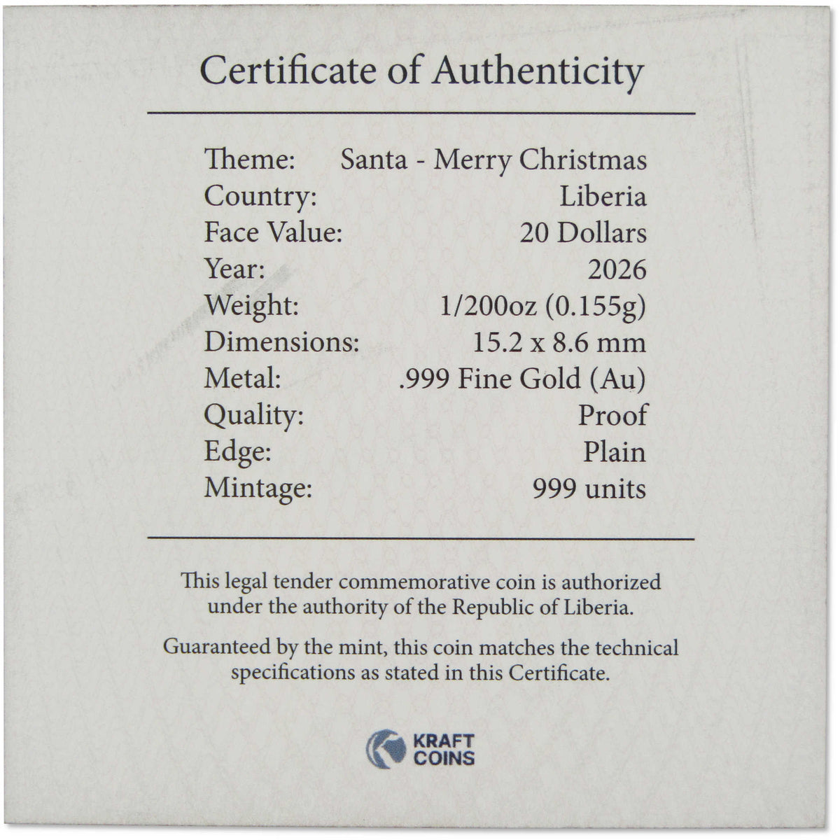 2026 Liberia $20 1/200 oz Gold Merry Christmas Santa Claus Proof COA