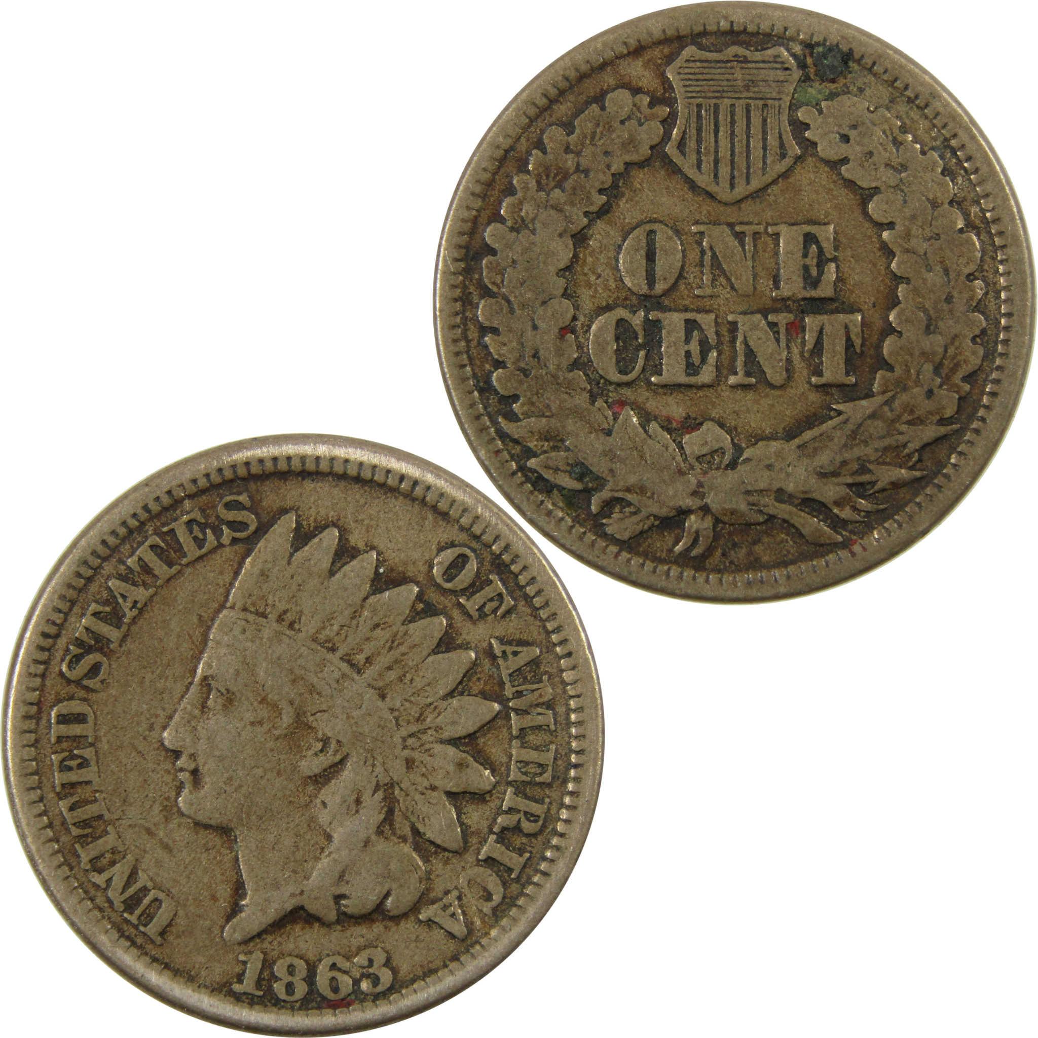 1863 Indian Head Cent F Fine Penny 1c Coin Collectible SKU:CP1143