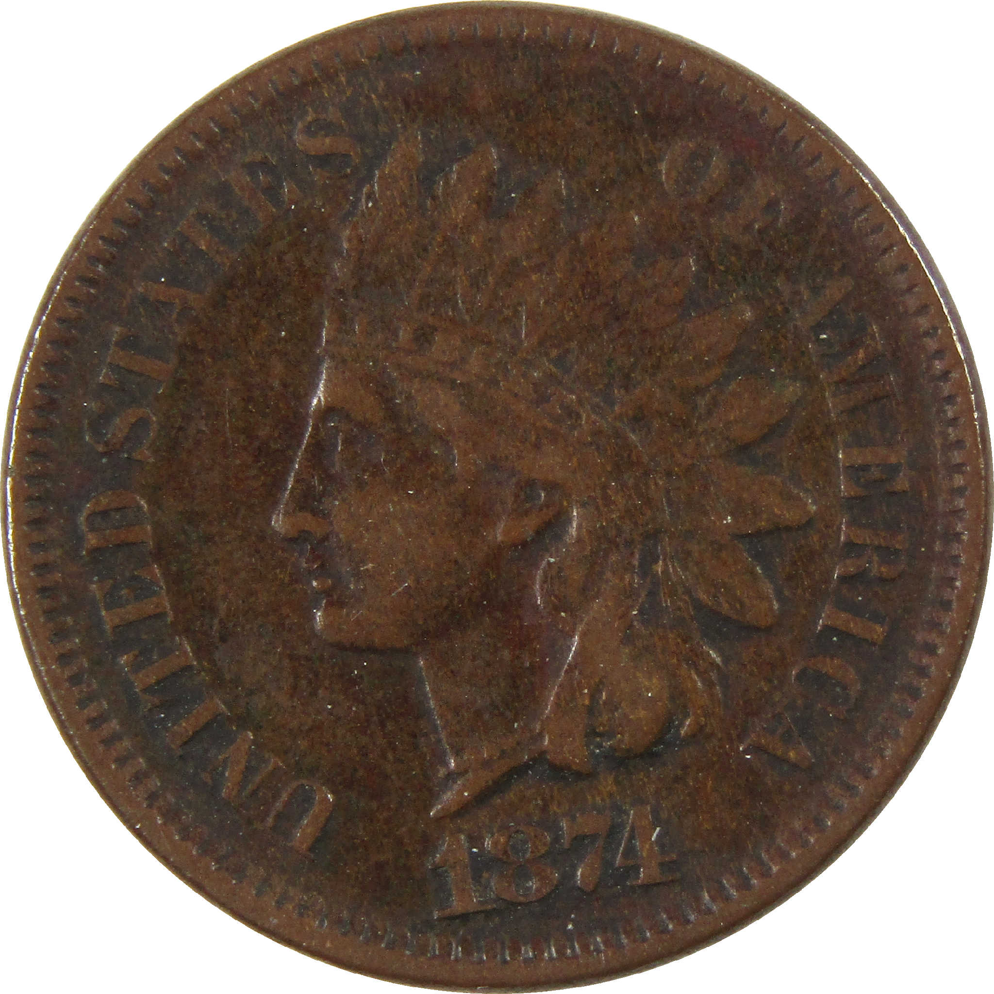 1874 Indian Head Cent F Fine Penny 1c Coin SKU:I11639