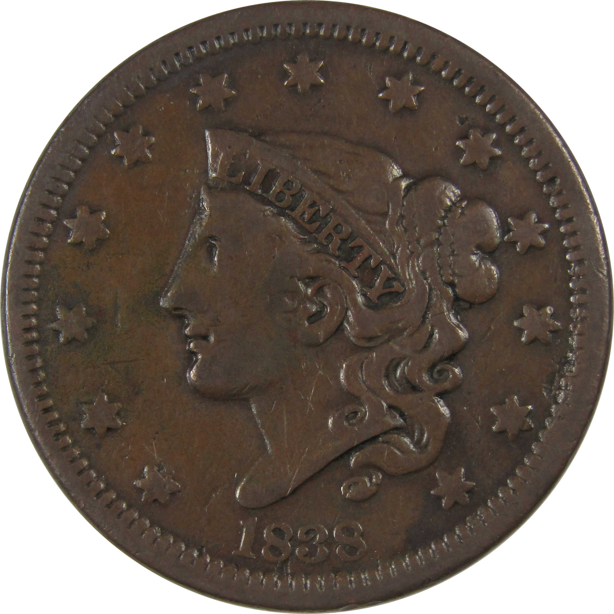 1838 Coronet Head Large Cent VF Very Fine Copper Penny SKU:I23426