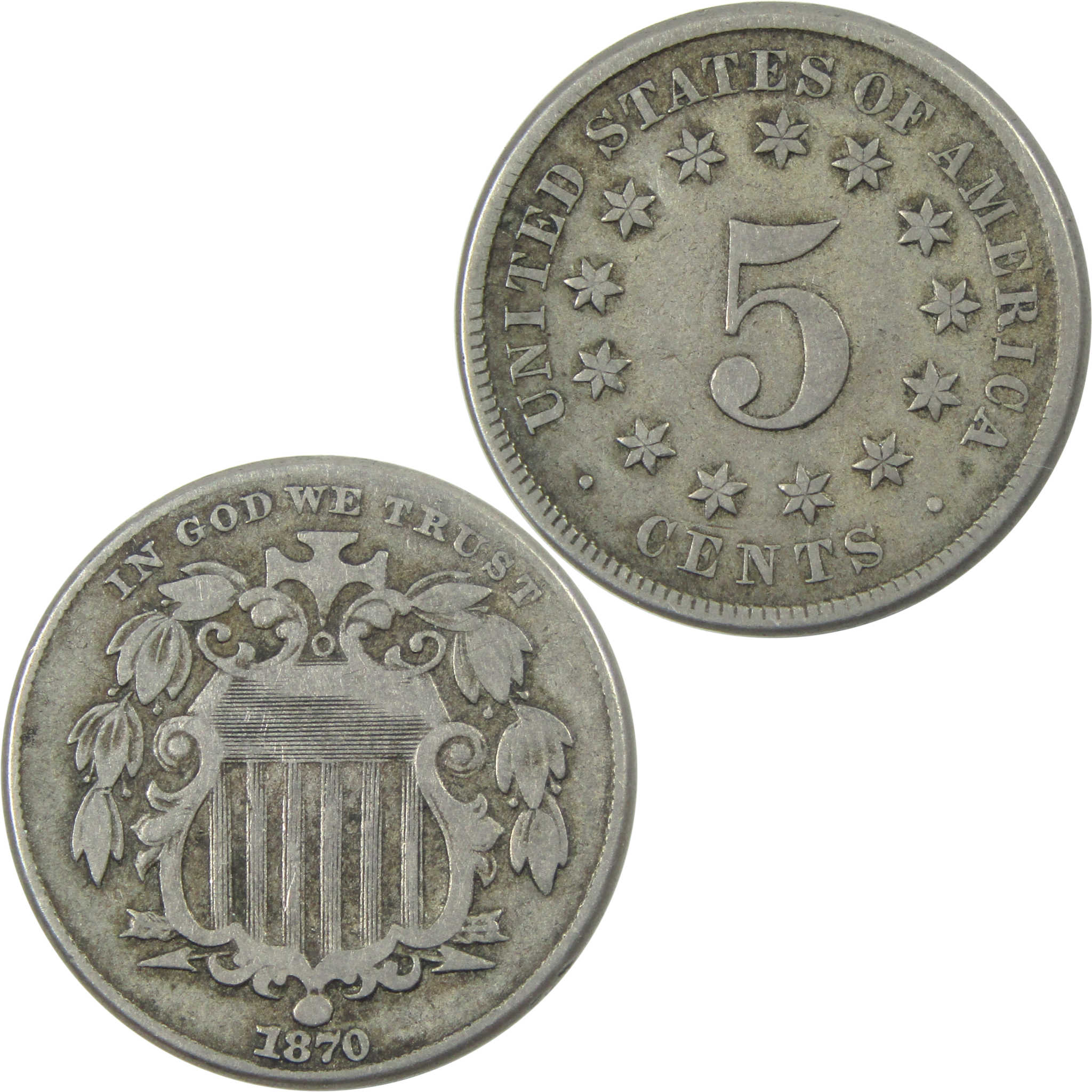 1870 Shield Nickel F Fine 5c Coin SKU:I13976