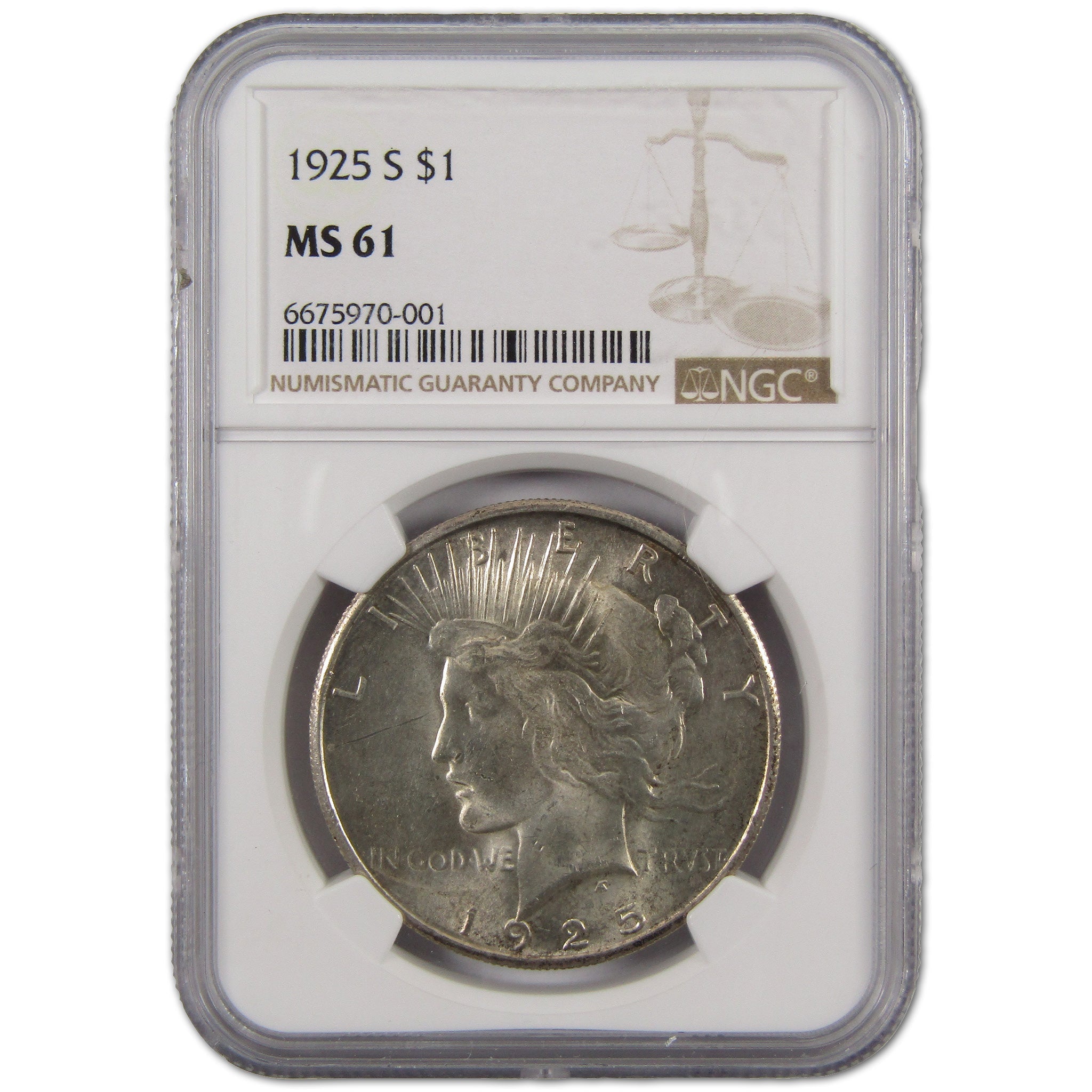 1925 S Peace Dollar MS 61 NGC Silver $1 Uncirculated Coin SKU:I10894